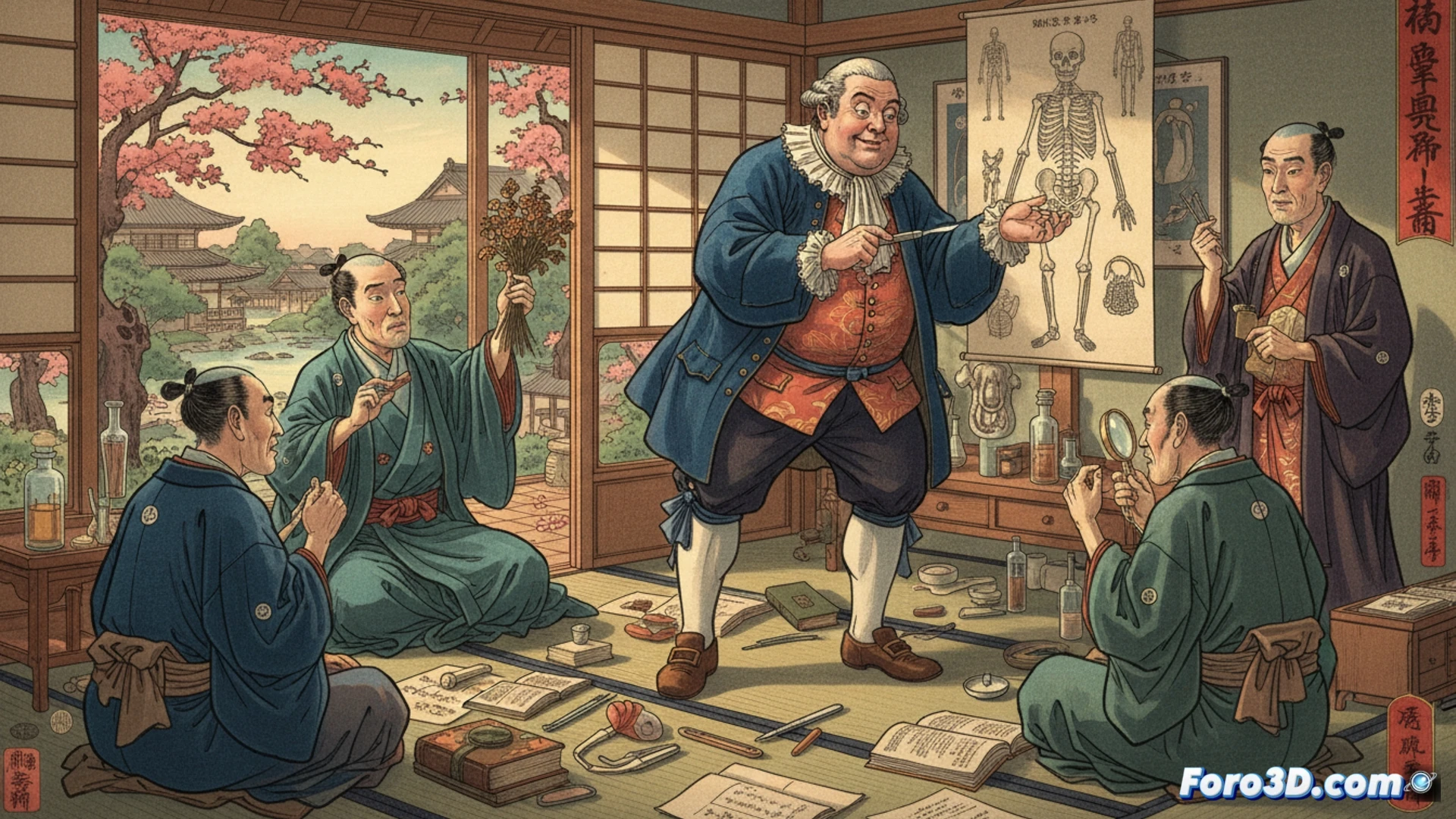 Un médico holandés muestra un libro de anatomía a un samurái, rodeados de hierbas y agujas en un templo japonés del siglo XIX.