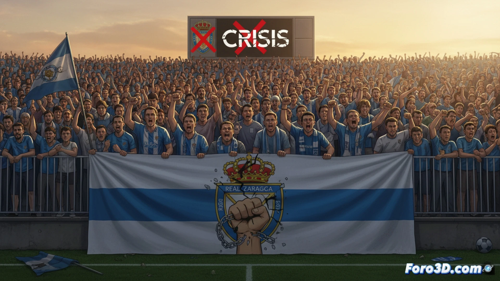 Afición del Real Zaragoza con pancartas y bufandas alzadas exige la salida de la propiedad del club en el estadio.