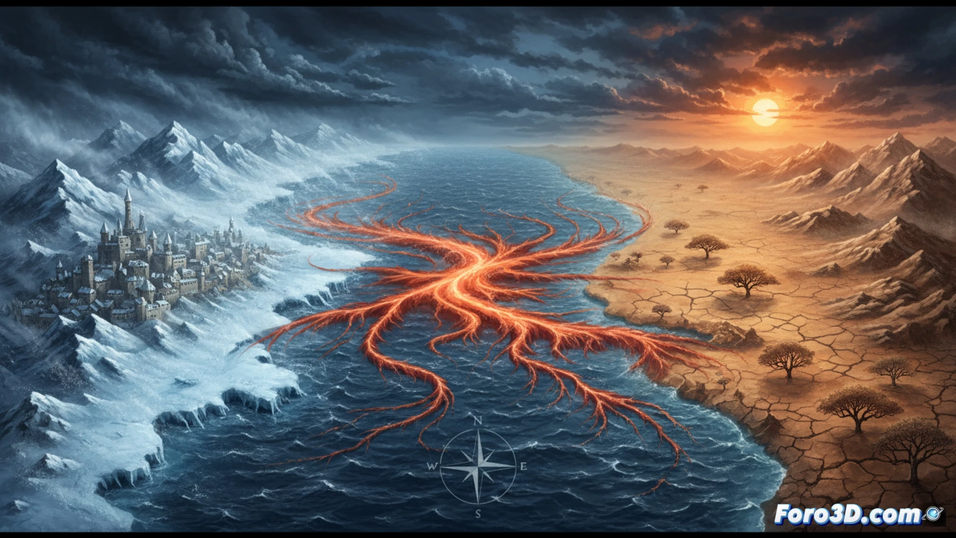 Atlantic Meridional Overturning Circulation visualization, deep ocean currents slowing down as a massive underwater conveyor belt mechanism grinds to a halt, rusted gears and broken chains symbolizing failing heat transport, cold blue water masses pooling near Greenland while warm red currents stall off West Africa, scientific monitoring instruments on a research vessel displaying collapsing flow rates on sonar screens, cinematic photorealistic engineering illustration, dramatic underwater lighting with sediment particles suspended, ultra-detailed oceanographic equipment, glowing data streams fading into darkness, hyperrealistic technical render