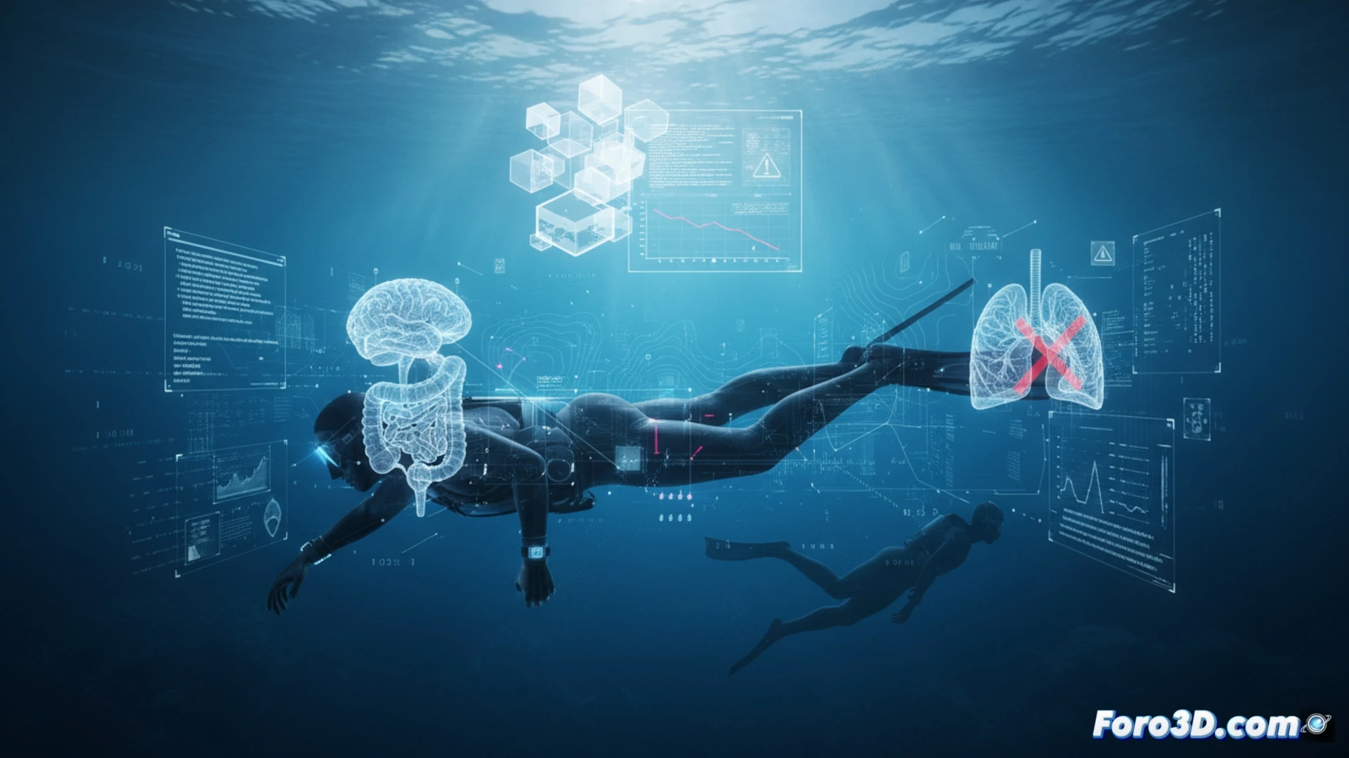 Visualización 3D de apnea y desmayo hipóxico en buceo recreativo, datos fisiológicos para prevención