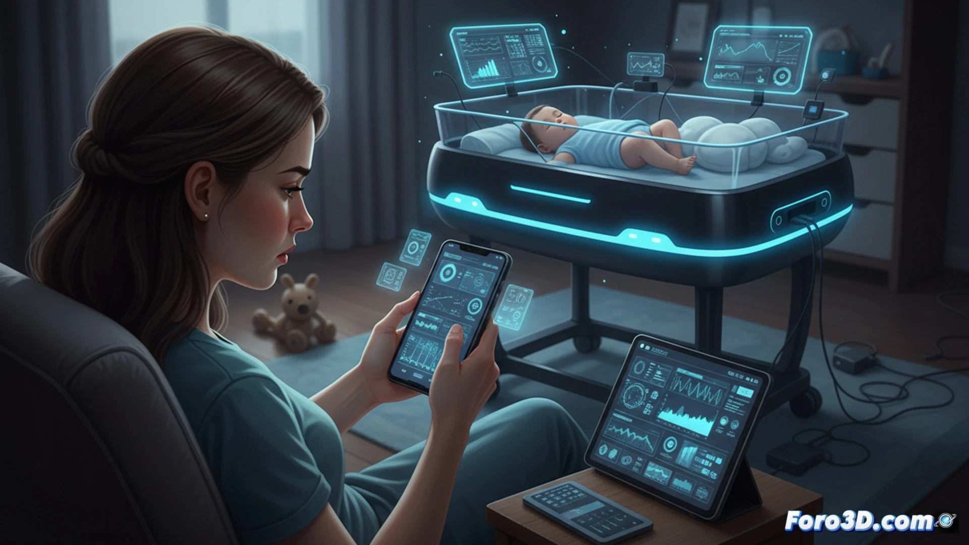 Photorealistic scene of a young mother sitting on a sofa, holding a sleeping baby in one arm while staring intently at a smartphone in her other hand. On the coffee table beside her, a smart baby monitor displays a glowing interface with tracking charts and notification icons. A digital tablet lies face-up showing a baby tracking app with graphs for milk intake and sleep cycles. Her posture is rigid, eyes fixed on the screen, while the baby’s face is turned away, ignored. Warm indoor lighting contrasts with cold blue light from the devices. Cinematic composition, shallow depth of field, modern living room background, subtle tension between technology and human connection, ultra-detailed textures on phone screen and baby blanket.