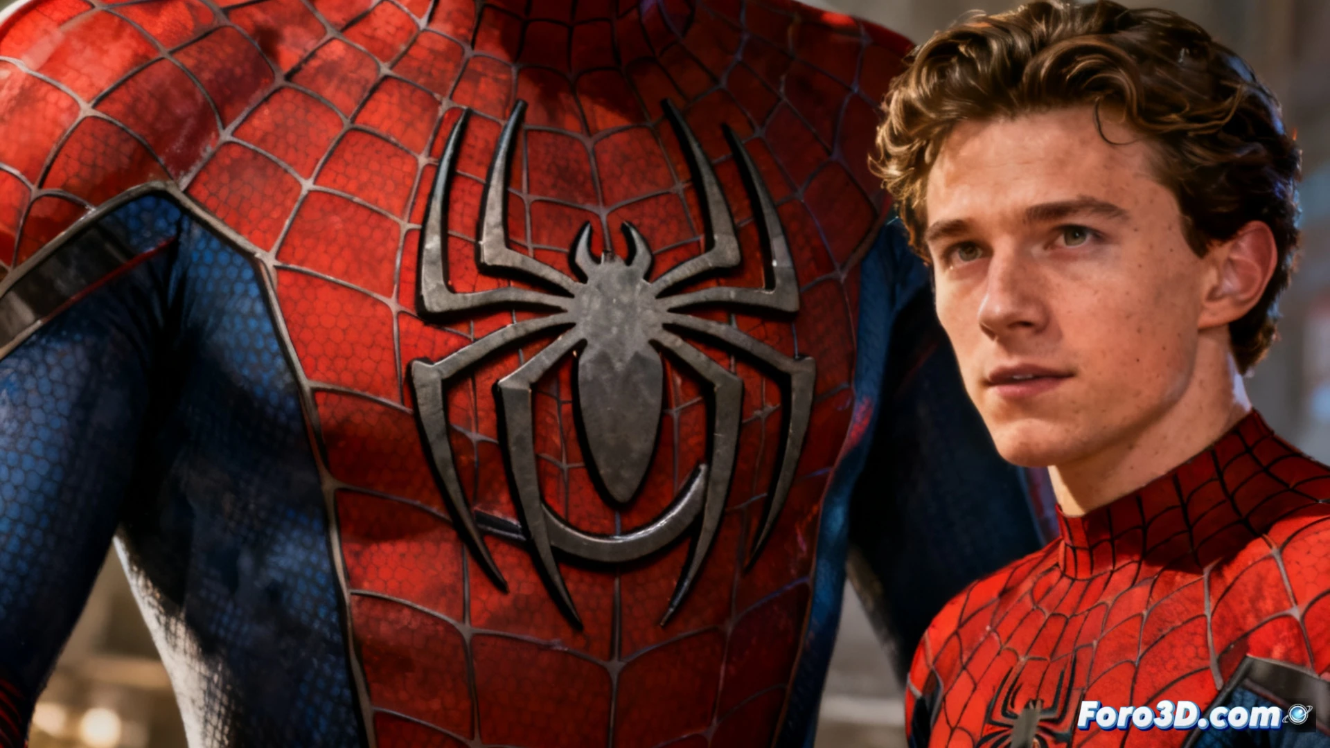 Spider-Man suit torso close-up, Tom Holland's face visible but blurred in background, red fabric with blue accents, robotic sewing machine needle piercing the chest emblem, upper spider legs fusing into a continuous loop, liquid metal threads glowing orange during the welding process, technical illustration style, photorealistic fabric texture, macro lens focus on the logo transformation, industrial workshop lighting, carbon fiber weave patterns visible, mechanical arm holding a soldering tool mid-action, cyberpunk aesthetic, ultra-detailed fiber optics