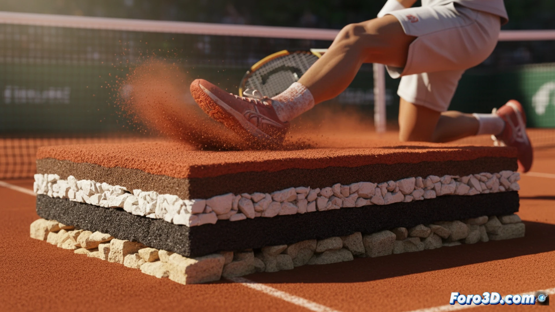 cinematic close-up of tennis player sliding on Roland Garros clay court, foot digging into five-layer surface, crushed brick dust and limestone particles scattering under pressure, carbon residue layers exposed beneath top red powder, racket edge carving a groove into the unstable terrain, motion blur on clay particles, sweat droplets flying, dramatic low-angle sunlight casting long shadows, ultra-detailed texture of layered engineering materials, photorealistic sports action render