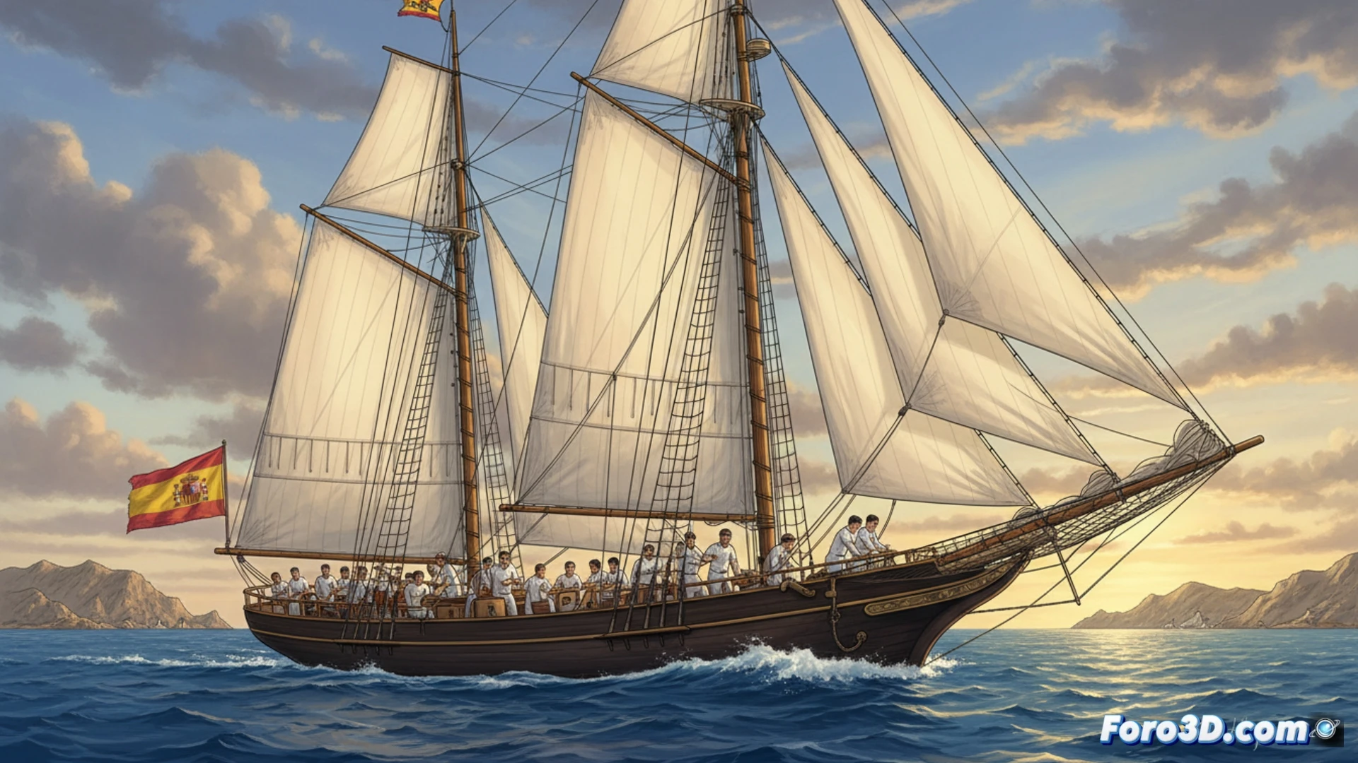 Modern sail training vessel Hispania cutting through Mediterranean waves during high-performance tacking maneuver, crew in navy uniforms adjusting carbon-fiber winches and trimming laminated sails, navigation instruments glowing on deck console, GPS chartplotter and wind sensors visible, detailed rigging with Dyneema lines under tension, photorealistic cinematic maritime visualization, golden hour sunlight reflecting off polished deck, spray droplets frozen mid-air, technical sailing equipment in sharp focus, dynamic ocean backdrop with foaming wake