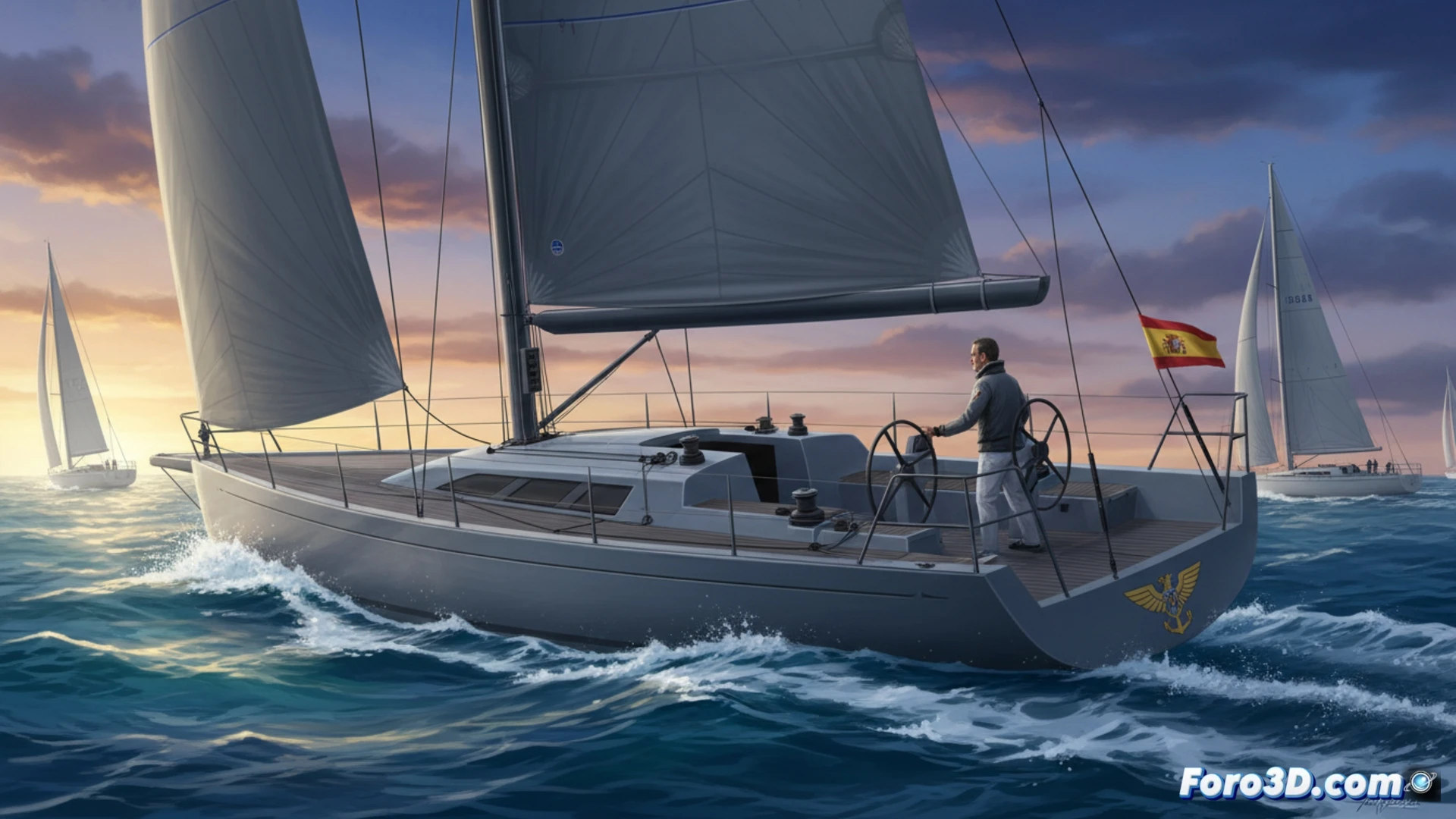 modern racing sailboat Hispania with metallic grey hull and navy blue stripe cutting through turquoise Mediterranean waves at high speed, bow spray flying, large official crest on side, crew in matching tactical gear trimming carbon fiber sails, drone camera angle capturing dynamic heel angle, Barcelona coastline blurry background, cinematic marine photography style, harsh sunlight reflecting off wet deck, technical sailing performance visualization, photorealistic ocean racing render, dramatic competitive atmosphere