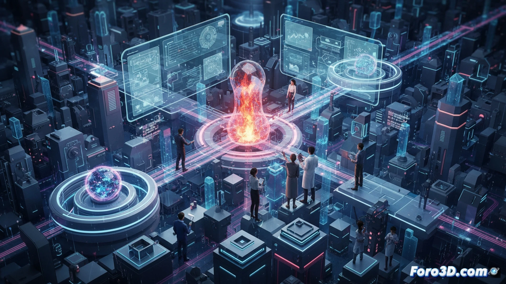 Un paisaje digital 3D muestra microservicios como esferas brillantes conectadas por líneas de datos, con bases de datos cilíndricas y APIs flotando en un espacio navegable, iluminado con tonos azules y verdes.