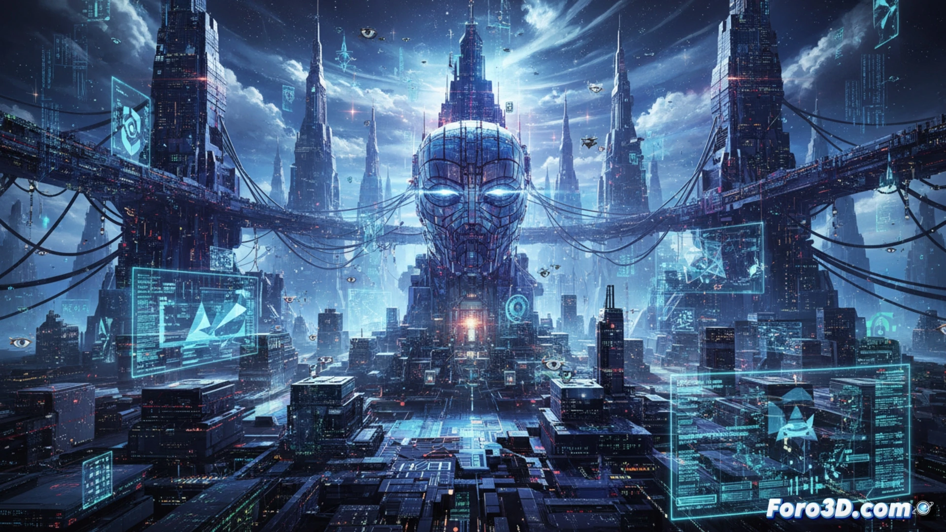 Ilustración conceptual de Nightmask flotando sobre una ciudad nocturna con patrones de datos digitales en el cielo