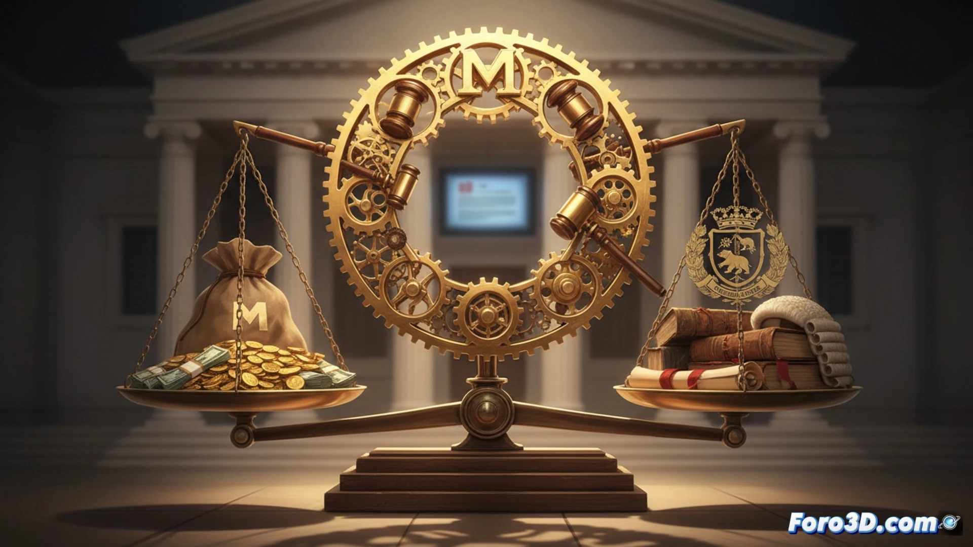 Close-up cinematic shot of a gavel striking a wooden sound block next to a glowing circular game wheel labeled Rosco, digital tablet showing legal document with highlighted monetary value, broken chain links falling from the wheel segments, dramatic courtroom lighting contrasting warm amber and cool blue, photorealistic technical illustration, shallow depth of field emphasizing the legal action and financial transaction, metallic reflections on the gavel head, dust particles suspended in the air, ultra-detailed wood grain and screen pixels.