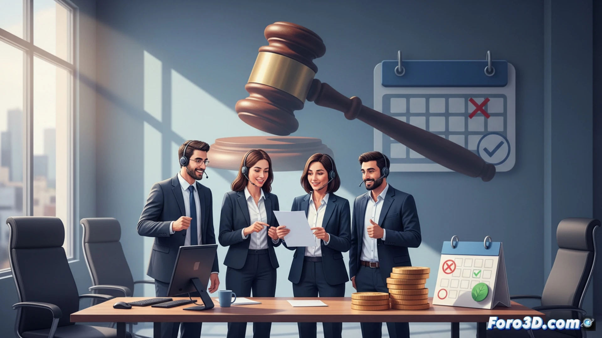 call center agent workstation, calendar on monitor showing a Saturday marked as a holiday, employee pointing at the screen while holding a compensation form, manager handing over an extra rest day voucher, cubicle setting with headsets and computer terminals, dramatic office lighting, blue and grey corporate tones, photorealistic technical illustration, legal documents and schedule charts visible on desk, sense of negotiation and resolution, cinematic composition