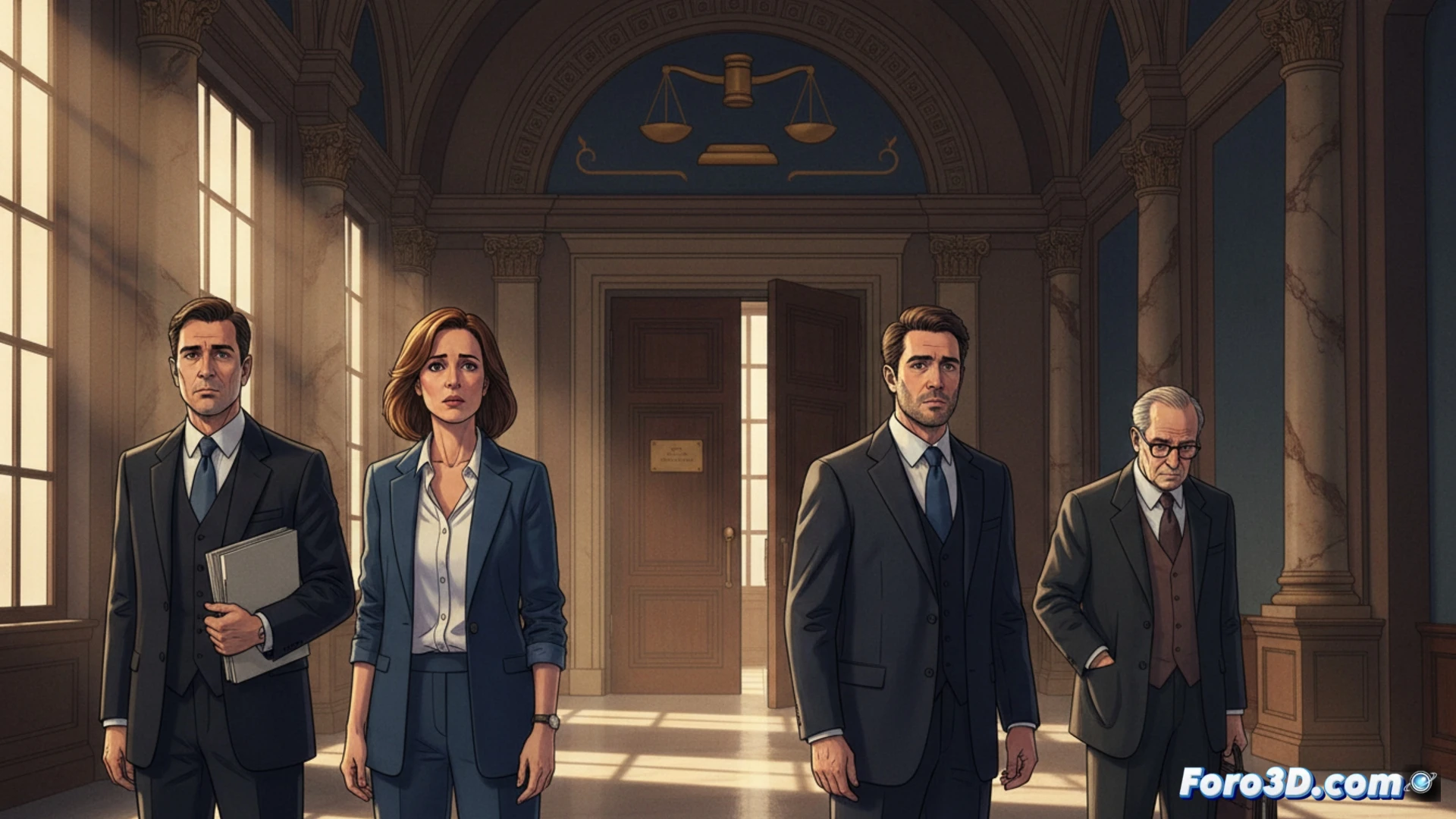 photorealistic courtroom scene, judge's gavel striking wooden block mid-air, blurred background of judicial benches and Spanish flag, forensic accountant pointing at financial documents on a screen showing tax evasion diagrams, holographic timeline of legal appeals looping above, dramatic overhead lighting casting shadows on legal case files stacked on desks, cinematic technical illustration, sharp focus on gavel impact and paper trails, high contrast legal atmosphere, ultra-detailed textures of wood grain and legal documents