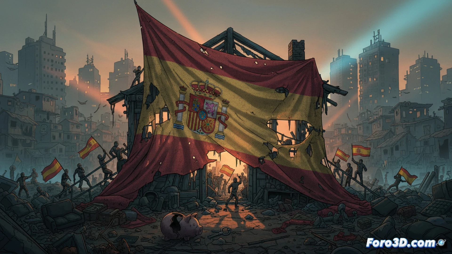 bandera española doblada y arrugada sobre una mesa de reuniones vacía, mientras una mano la aparta para revelar planos arquitectónicos de viviendas con indicadores de precio tachados, un ordenador portátil abierto muestra una hoja de cálculo con cifras rojas, al fondo una maqueta de edificio inacabado cubierta de polvo, iluminación fría de oficina, estilo cinematográfico fotorealista, texturas de papel y tela desgastadas, tonos azules y ocres apagados, enfoque nítido en los detalles técnicos