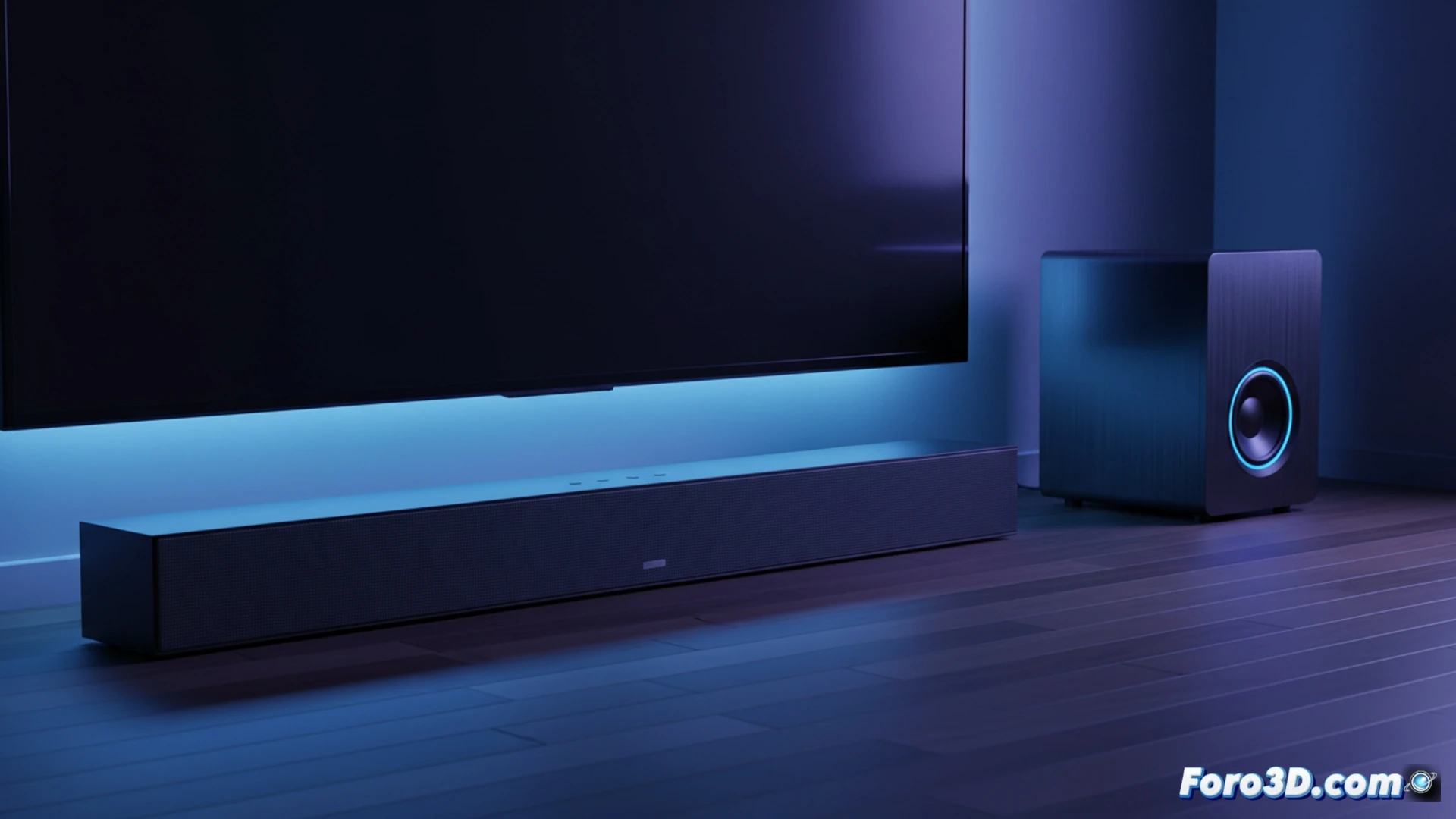 Barra de sonido 3.1 negra y elegante bajo un televisor de pantalla plana, con subwoofer inalámbrico en una esquina del salón. La luz tenue realza la atmósfera cinematográfica.