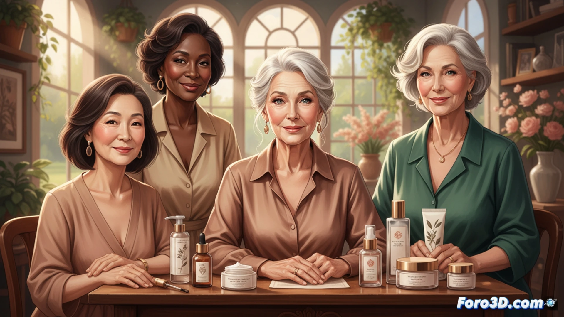 cinematic photorealistic scene of a mature woman in her 60s with silver hair and confident posture applying a minimalist glass serum bottle to her face, while a holographic demographic chart floats beside her showing an aging population curve rising toward 2040, her reflection in a smart mirror displays skin cell regeneration process with glowing collagen fibers, laboratory equipment and botanical extracts visible on a marble counter, soft natural window lighting, warm amber tones, ultra-detailed skin texture with fine lines illuminated, symbolic of shifting beauty standards, technical cosmetic visualization