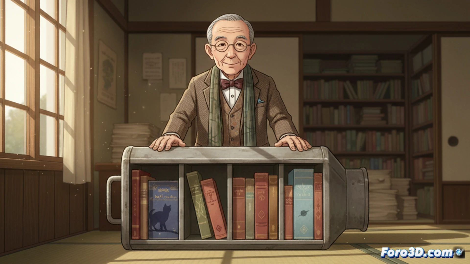 small wooden milk crate mounted on a weathered wall in a narrow Osaka alley, holding exactly thirteen old books with worn spines, a man's hand reaching to take a copy of The Little Prince while sunlight filters through a window, no text or labels visible, cinematic photorealistic style, warm amber and muted brown tones, dust particles floating in the light beam, intimate indoor atmosphere, shallow depth of field focusing on the book being removed, subtle wood grain and paper texture details, Japanese residential interior with tatami mat edge visible, quiet contemplative mood, ultra-detailed book covers showing age and use, natural window lighting, soft shadows, technical illustration quality with precise lighting control