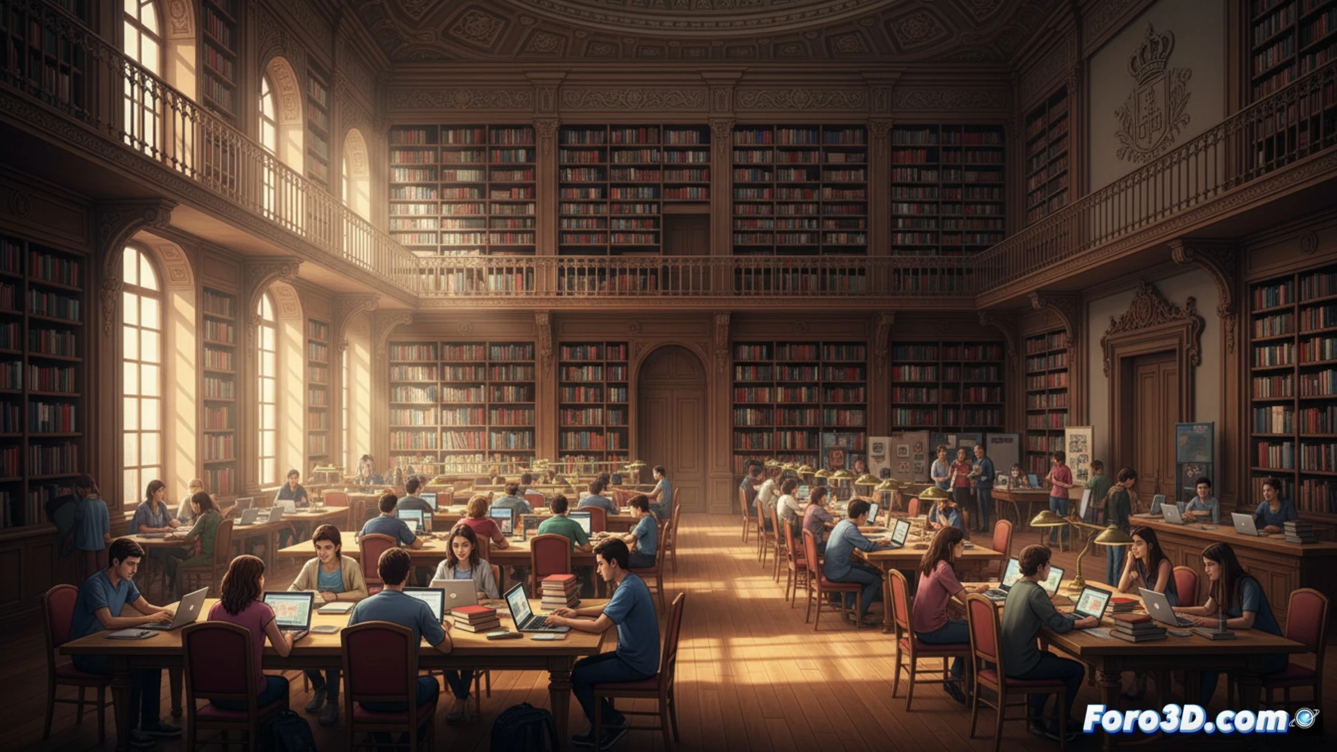 photorealistic interior of a modern public library crowded with diverse users engaged in multiple activities, a person scanning a book at a self-checkout kiosk while another logs into a computer station, students studying in a bright open reading area with large windows, a librarian demonstrating a digital catalog on a tablet to a visitor, soft warm lighting from pendant lamps, wooden shelves filled with colorful books, technical elements like barcode scanners and desktop monitors visible, cinematic composition with depth of field, realistic textures and reflections