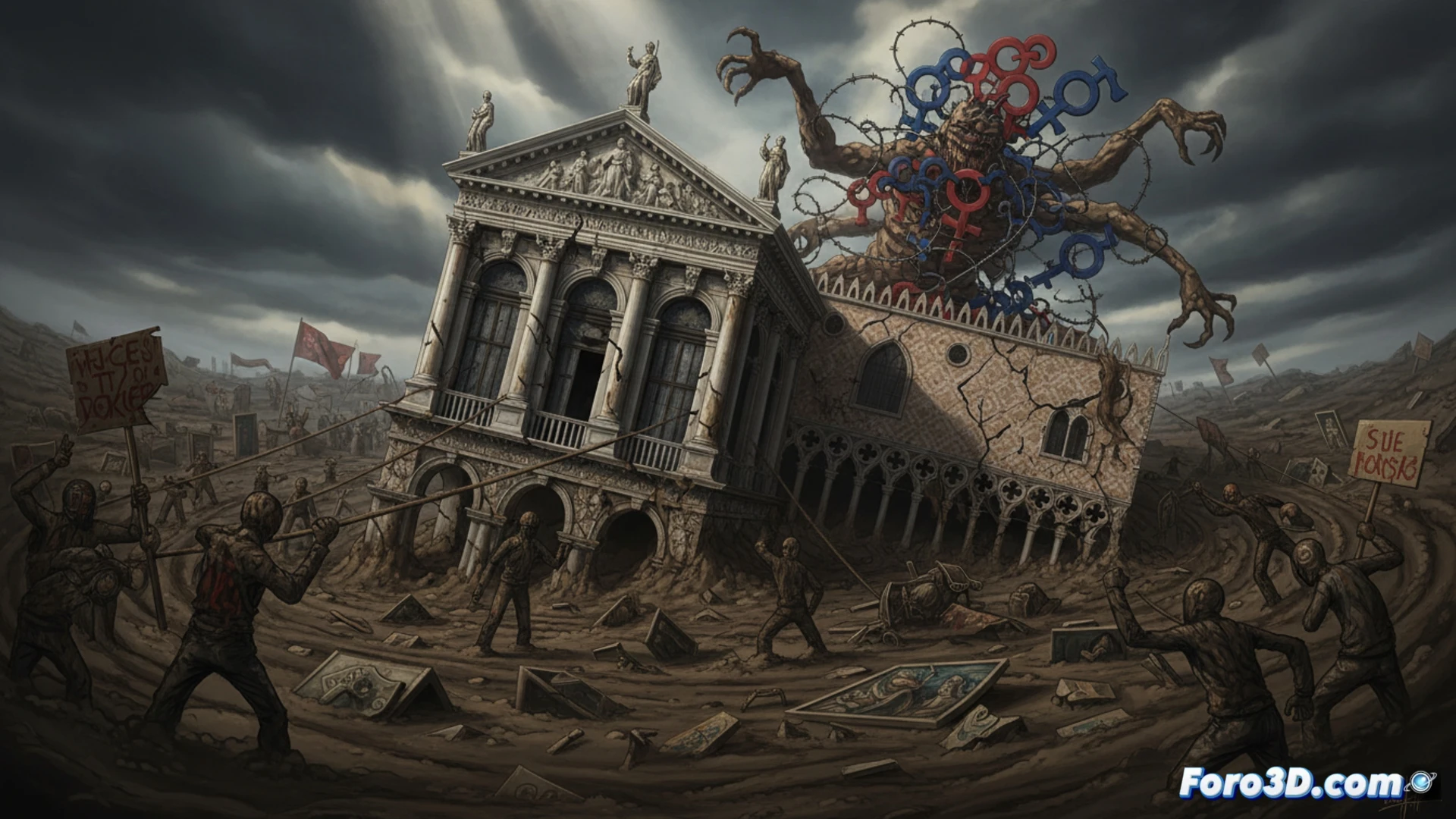 El Gran Canal veneciano refleja un cielo tormentoso; el pabellón central de la Bienal, semihundido en lodo oscuro, con pancartas de protesta ondeando entre esculturas rotas y figuras políticas borrosas al fondo.