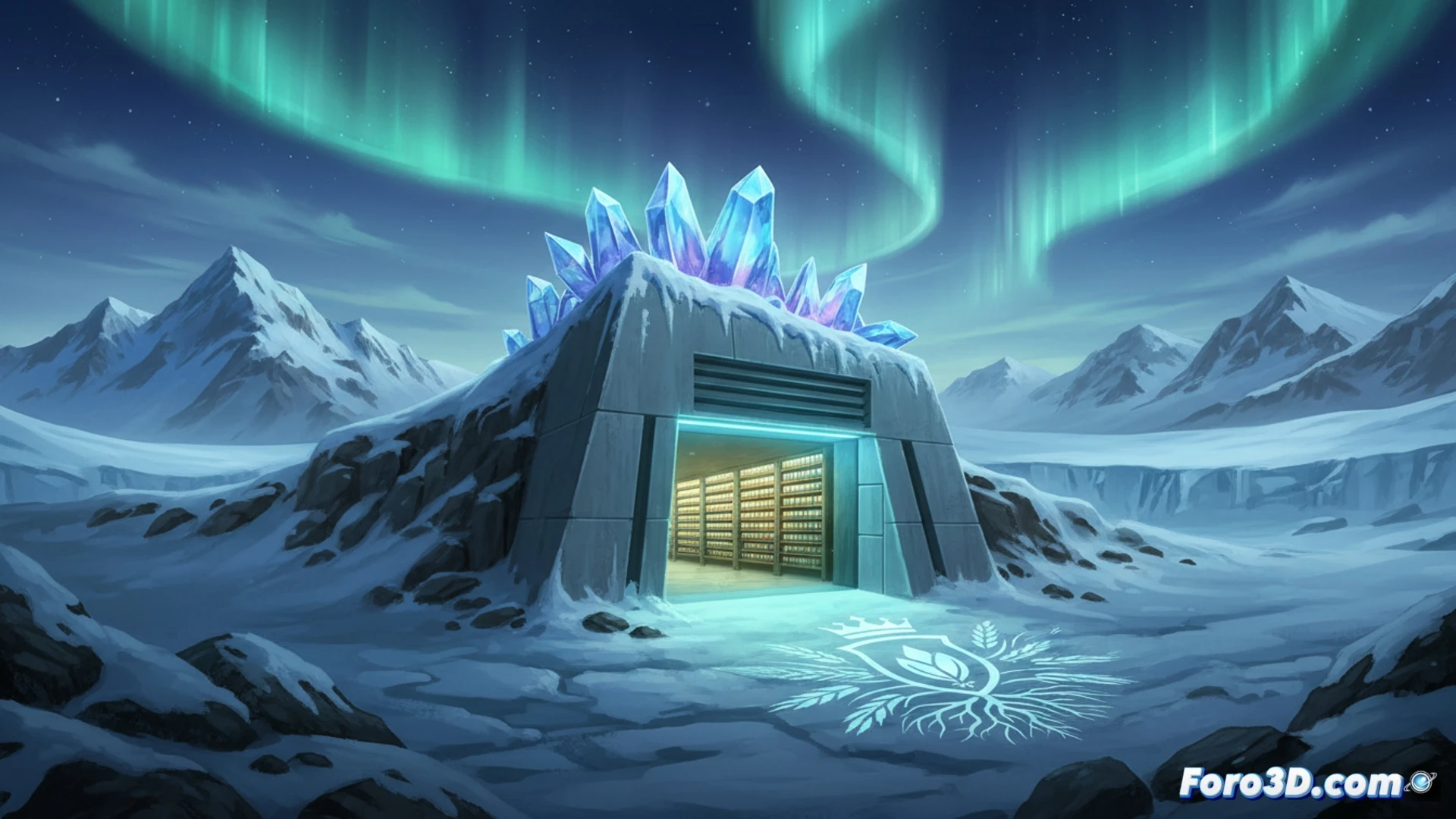 Arctic mountain interior cross-section showing a concrete tunnel leading to a seed vault chamber, scientists in cold-weather gear carrying insulated boxes of seed samples while a robotic arm retrieves a frozen specimen from a metal shelf, holographic temperature and humidity data floating above a control panel, cinematic photorealistic technical illustration, cold blue and white lighting, icy condensation on metallic surfaces, motion blur from falling snow particles, ultra-detailed refrigeration pipes and reinforced steel doors, dramatic industrial atmosphere