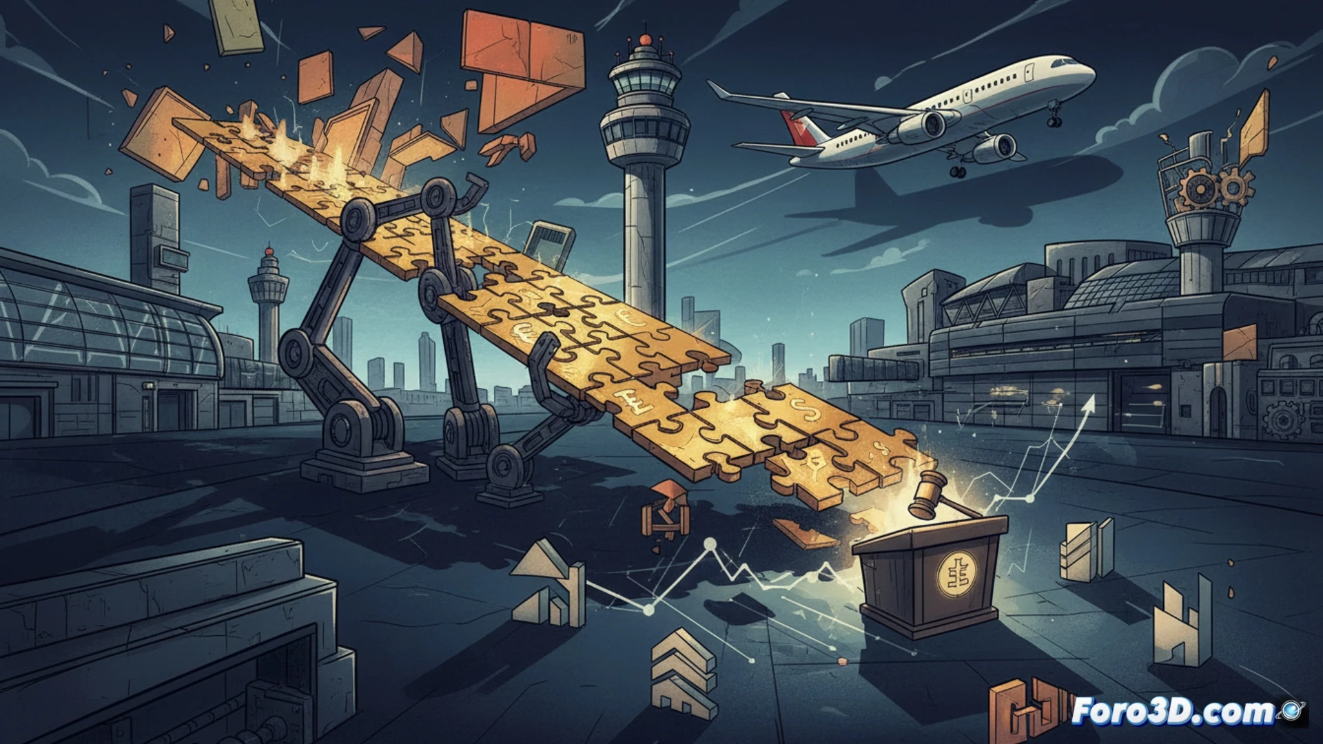 Aerial view of Heathrow Airport expansion site, three rival construction companies presenting competing blueprints for a third runway and new terminal, engineers pointing at holographic cost projections and 33 billion pound budget charts, construction cranes and earthmovers idle in background, cinematic photorealistic engineering visualization, dramatic overcast sky, glowing financial data overlays, detailed airport infrastructure, competitive bidding atmosphere, ultra-realistic industrial scene