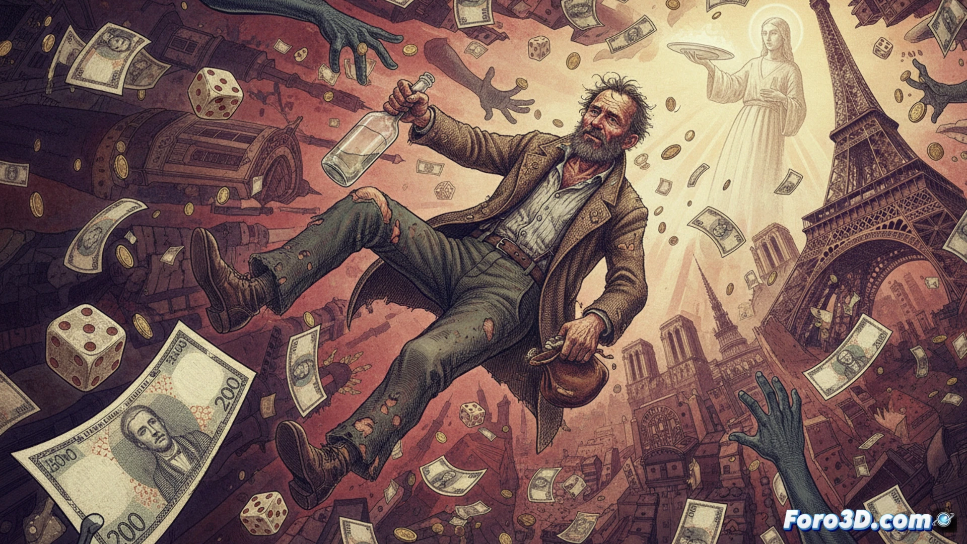 worn hands of a vagabond reaching for a wine bottle on a cobblestone street, while a single 200-franc note flutters away in the wind towards a distant church spire, broken pocket watch chain dangling from worn coat, Parisian rain-slicked cobblestones reflecting dim gaslight, cinematic photorealistic style, dramatic shadows across the scene, bottle casting distorted reflection on wet ground, motion capture of the note mid-air, ultra-detailed fabric textures, moody amber and blue lighting, high-contrast noir atmosphere, 8k technical render