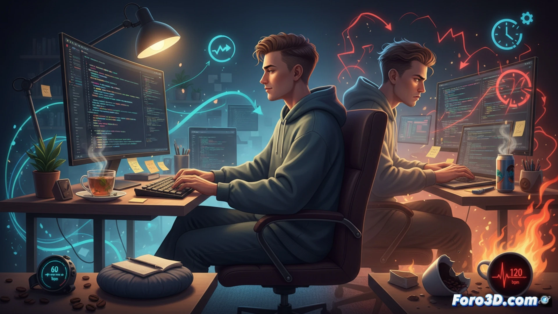 Un desarrollador sonríe frente a su computadora, con café humeante y un reloj de arena. Al fondo, un colega estresado derriba pilas de papeles. La escena transmite calma versus caos en la entrega de software.