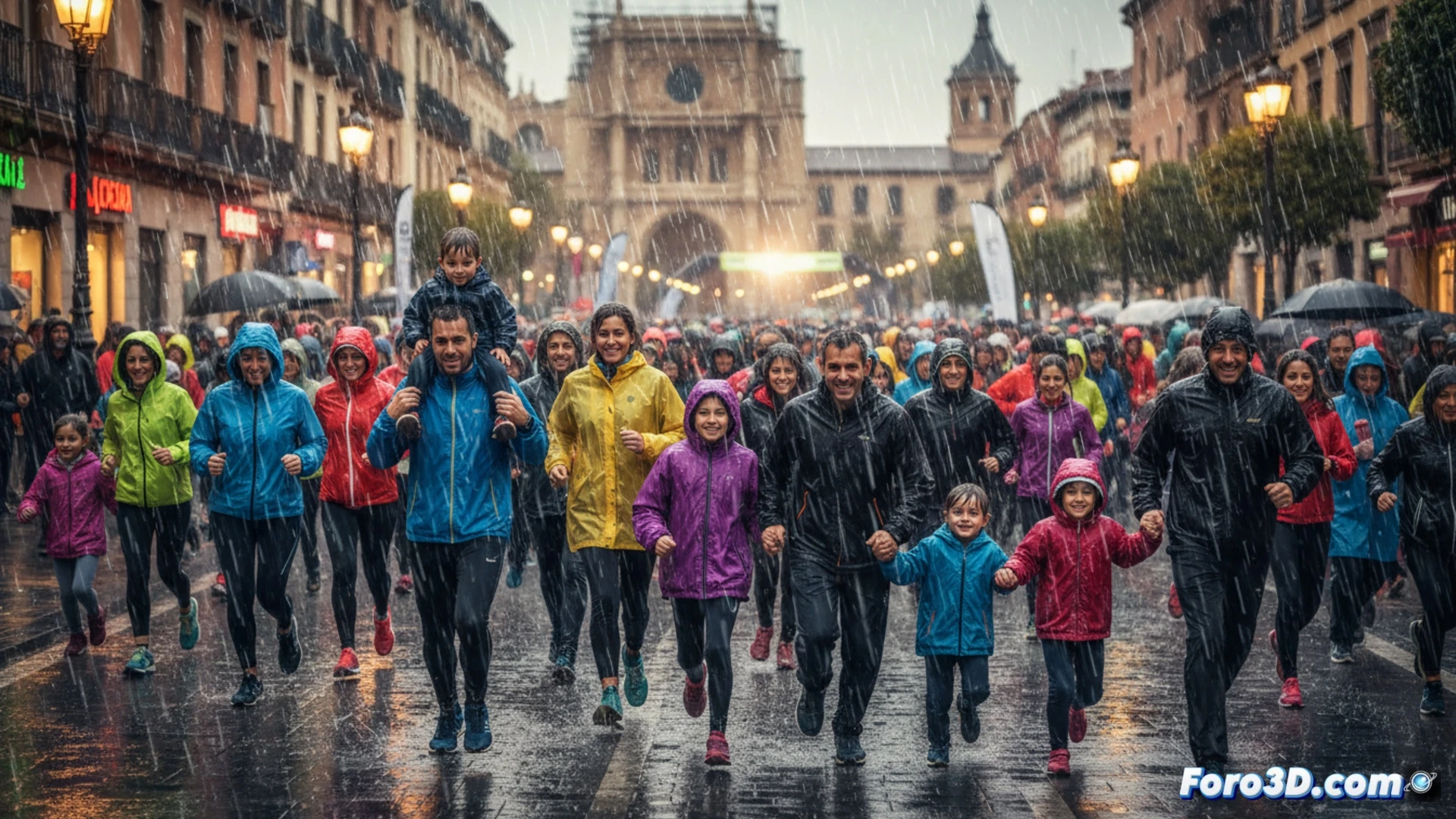 Familias corriendo bajo la lluvia en Valladolid, con paraguas y sonrisas, superando el mal tiempo juntos.