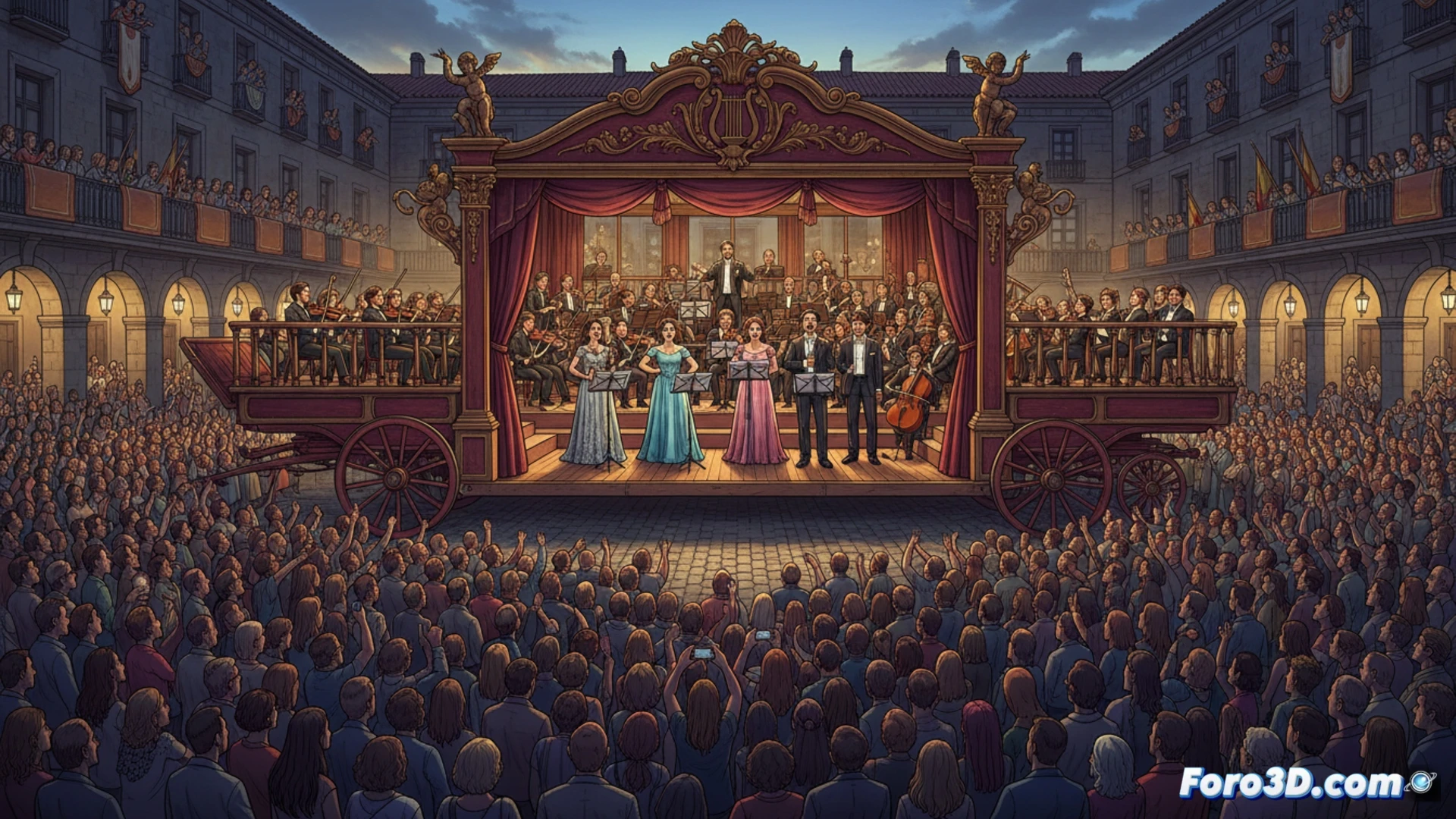 Plaza Porticada abarrotada; cinco jóvenes artistas del Teatro Real cantan ópera bajo arcos iluminados.