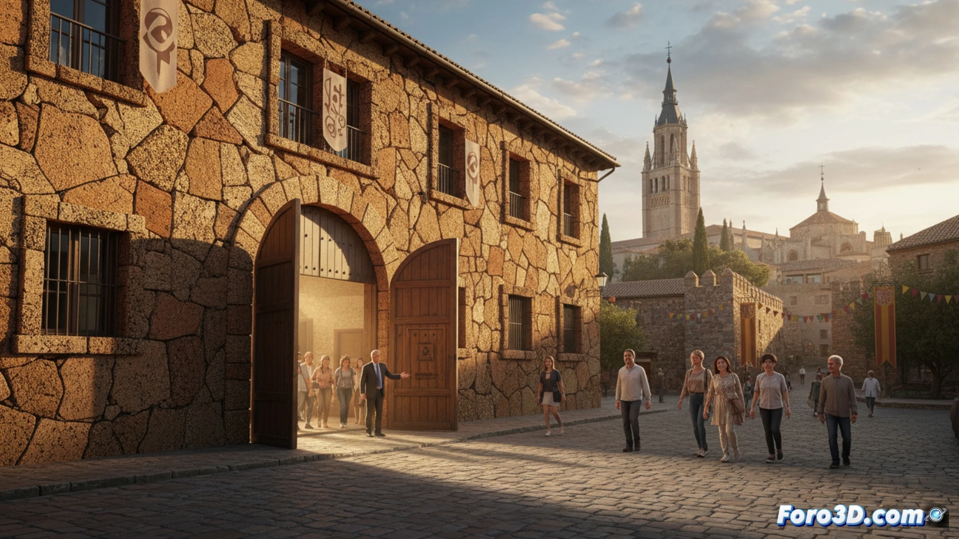 Casa de Corcho reabriendo en Toledo, puerta de madera antigua siendo abierta por una mano enguantada, luz del sol entrando en una sala vacía con paredes revestidas de corcho natural, polvo suspendido en el aire durante la acción de apertura, mostrando detalles técnicos de la superficie porosa del corcho, un cartel de reapertura colgado en la fachada, herramientas de restauración apiladas en el suelo, estilo cinematográfico fotorealista, iluminación natural suave con sombras alargadas, texturas orgánicas del corcho visibles en primer plano, ambiente de patrimonio histórico restaurado