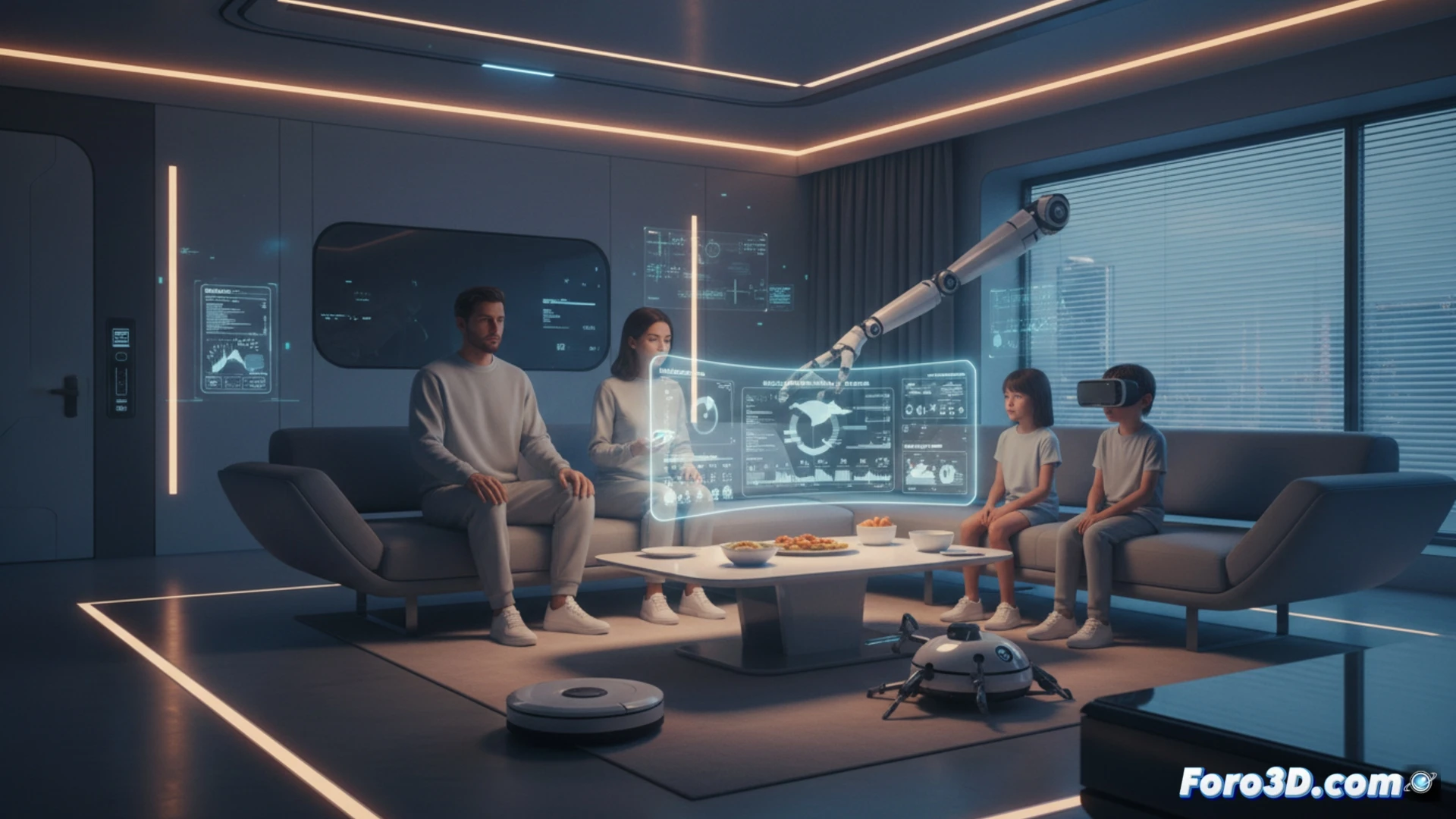 robotic vacuum cleaner and mop moving across a modern living room floor, family members sitting motionless on a sofa staring at screens, a cooking robot arm stirring a pot while a child reaches for it but stops mid-gesture, sensors and lidar beams scanning the empty space, abandoned broom and dustpan in a corner, cold blue ambient light from smart displays, cinematic photorealistic style, ultra-detailed surfaces, sterile atmosphere, emotional tension between humans and machines, wide-angle composition