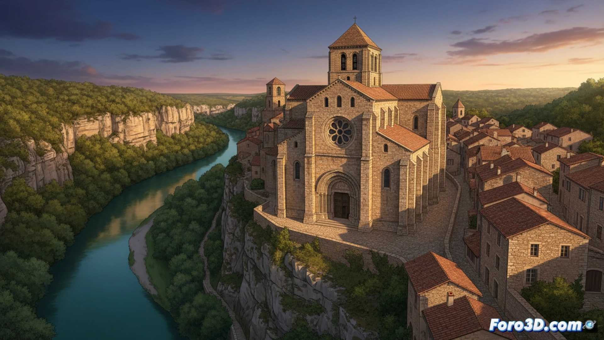 Imponente iglesia románica del siglo XII en un pueblo de acantilado francés, con muros de piedra sobrios y armonía medieval.