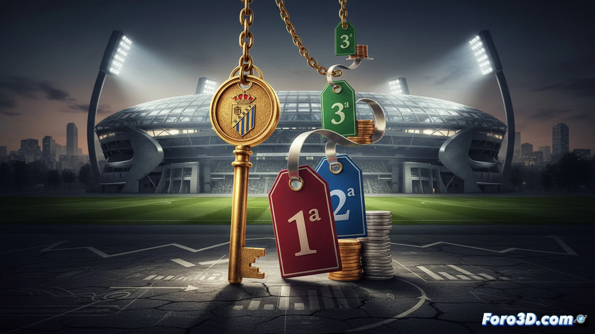 Un estadio de fútbol moderno con un cartel luminoso que muestra un signo de interrogación sobre el precio del alquiler, mientras un balón y fichas de dinero flotan junto a un escudo del Real Zaragoza.