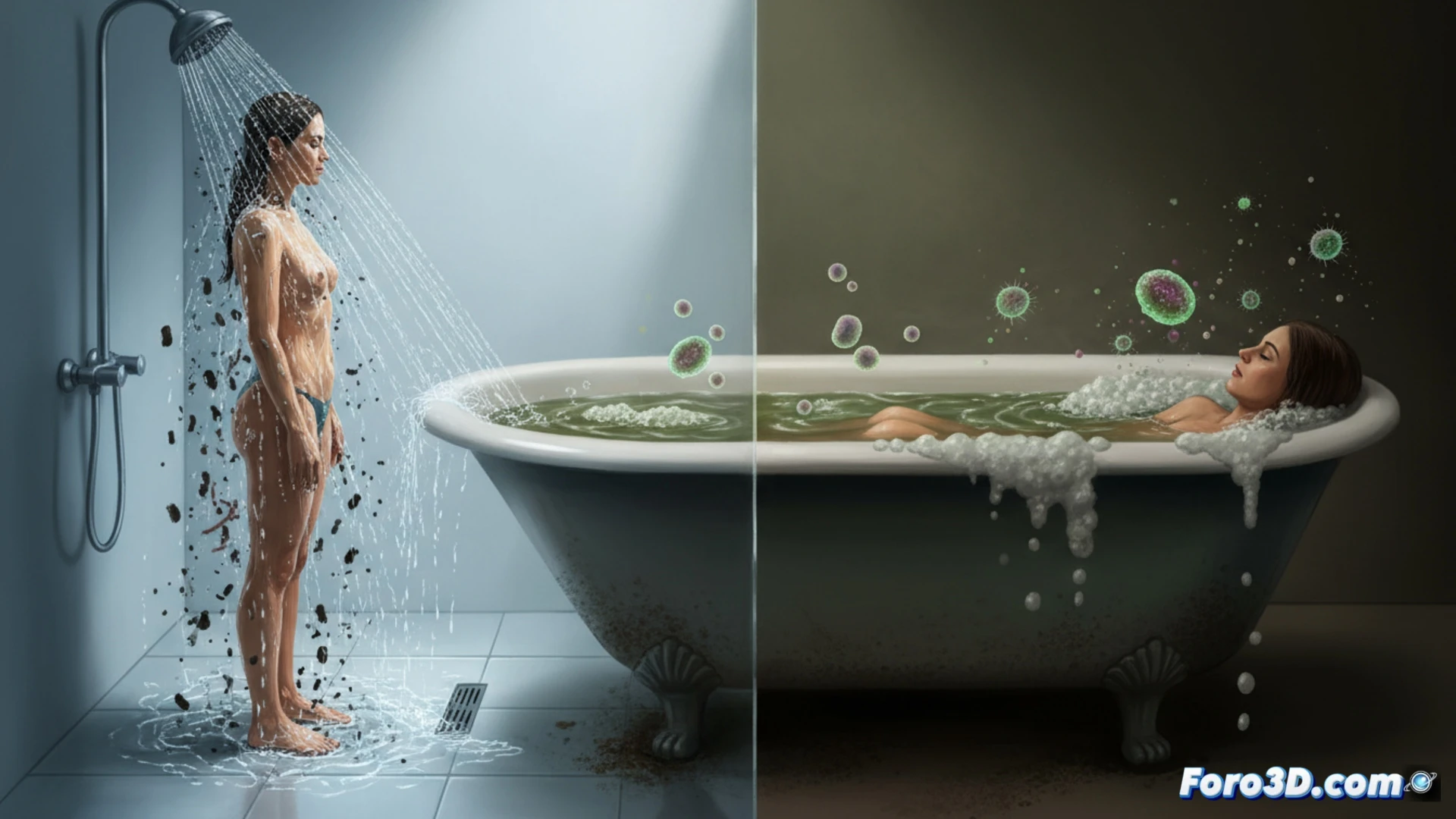 Una ducha con agua cayendo sobre una persona, frente a una bañera con agua turbia y burbujas sucias, simbolizando higiene versus gérmenes.
