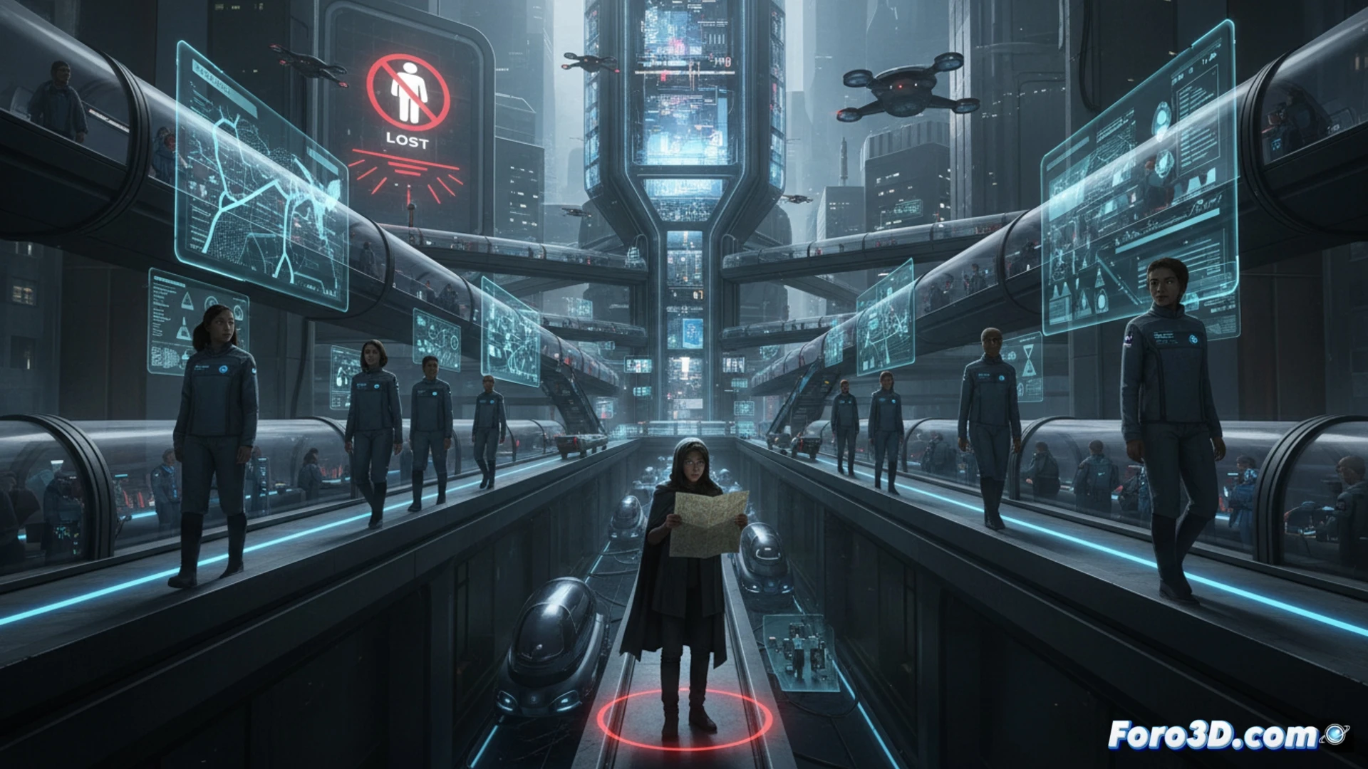 Ultra-detailed cinematic scene of a futuristic city street at night, a person standing frozen at a crossroads surrounded by glowing QR codes floating from every bench and lamppost, smartphone in hand showing a red alert for unauthorized wandering, algorithmic arrows on the pavement redirecting the figure back into a consumption corridor, concrete walls lined with digital price tags, no visible sky, claustrophobic urban tunnel, cold blue and neon orange lighting, photorealistic architectural visualization, surveillance drones hovering overhead, motion blur on the person's hesitant step, high-contrast shadows, technical dystopian style