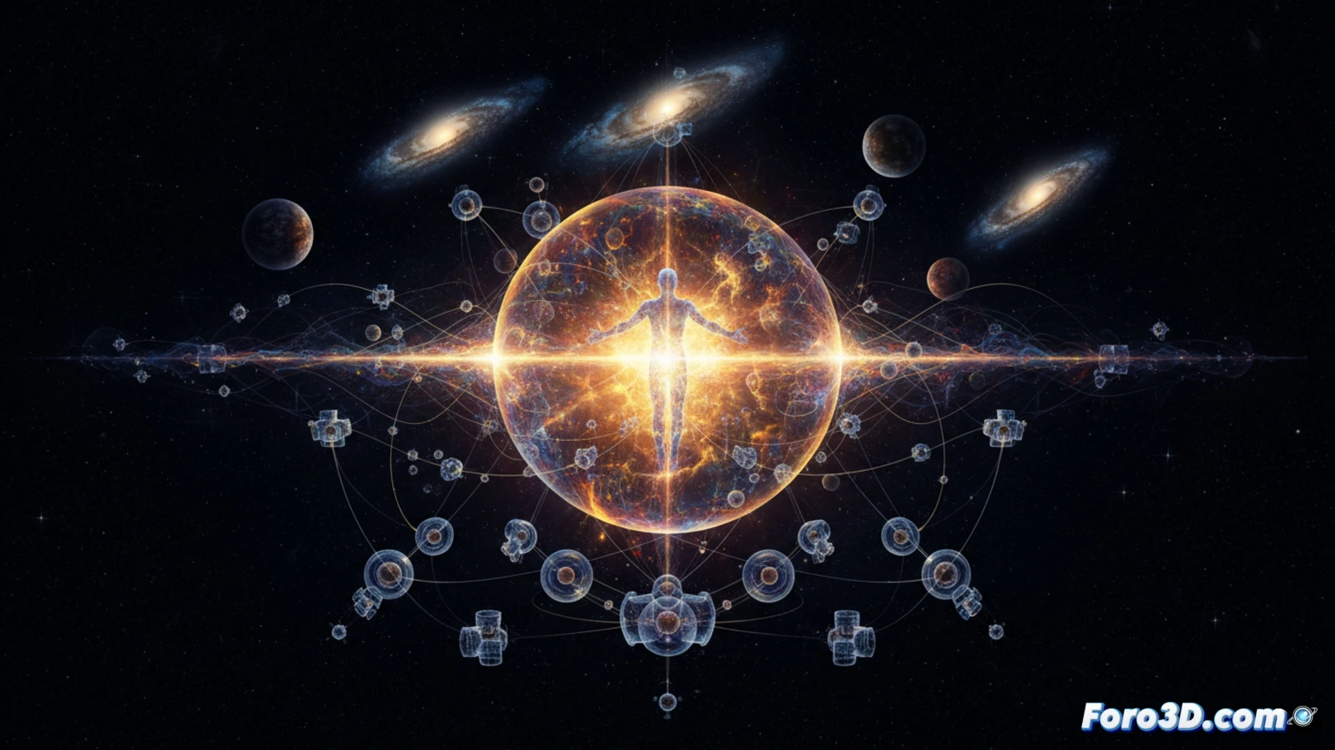 Imagen que muestra un cerebro humano brillante en el centro de un cosmos en expansión, con partículas cuánticas y galaxias emergiendo de ondas de luz consciente.