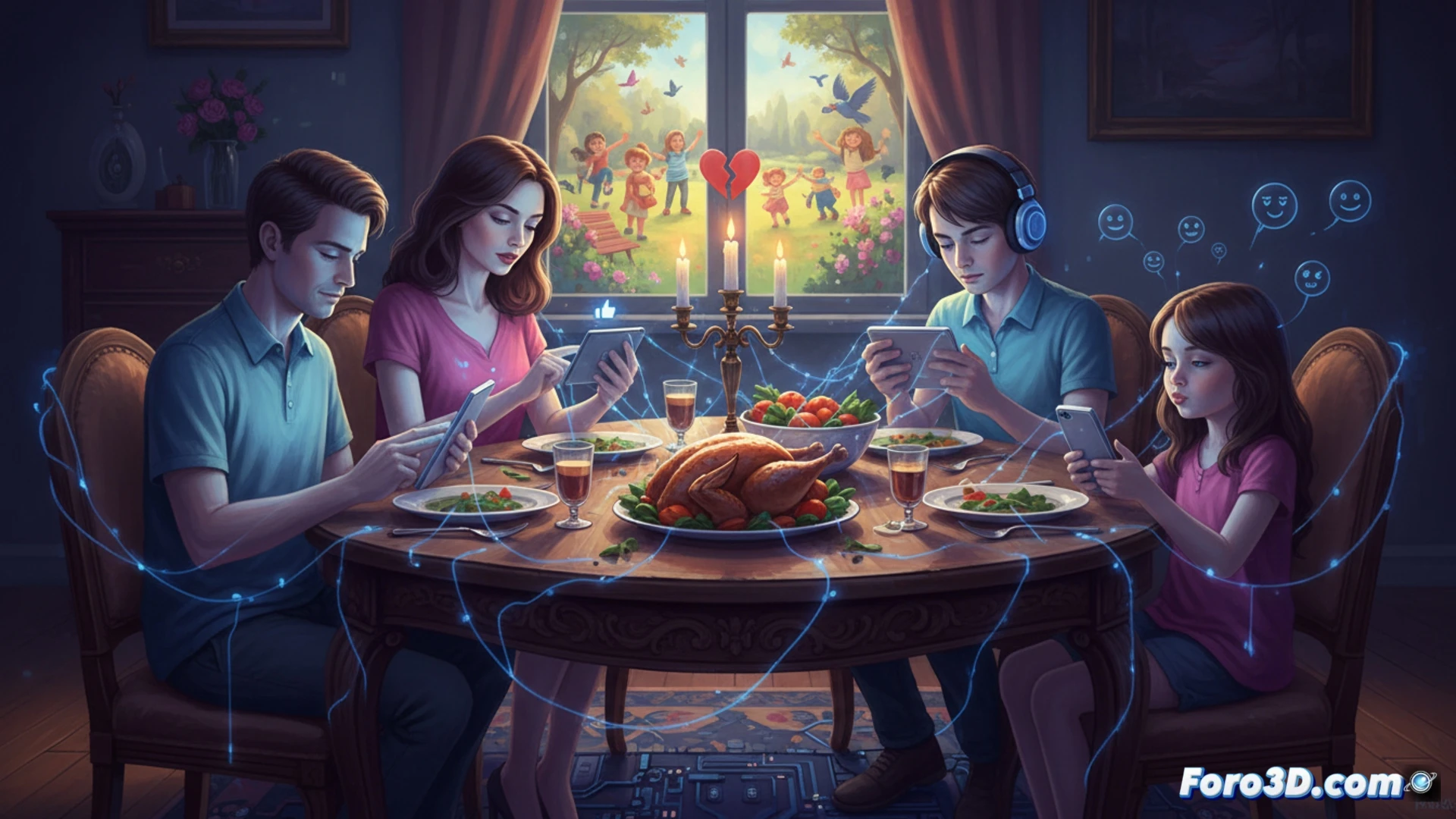 Una familia en una cena silenciosa, cada miembro absorto en su pantalla, sin contacto visual ni sonrisas compartidas.
