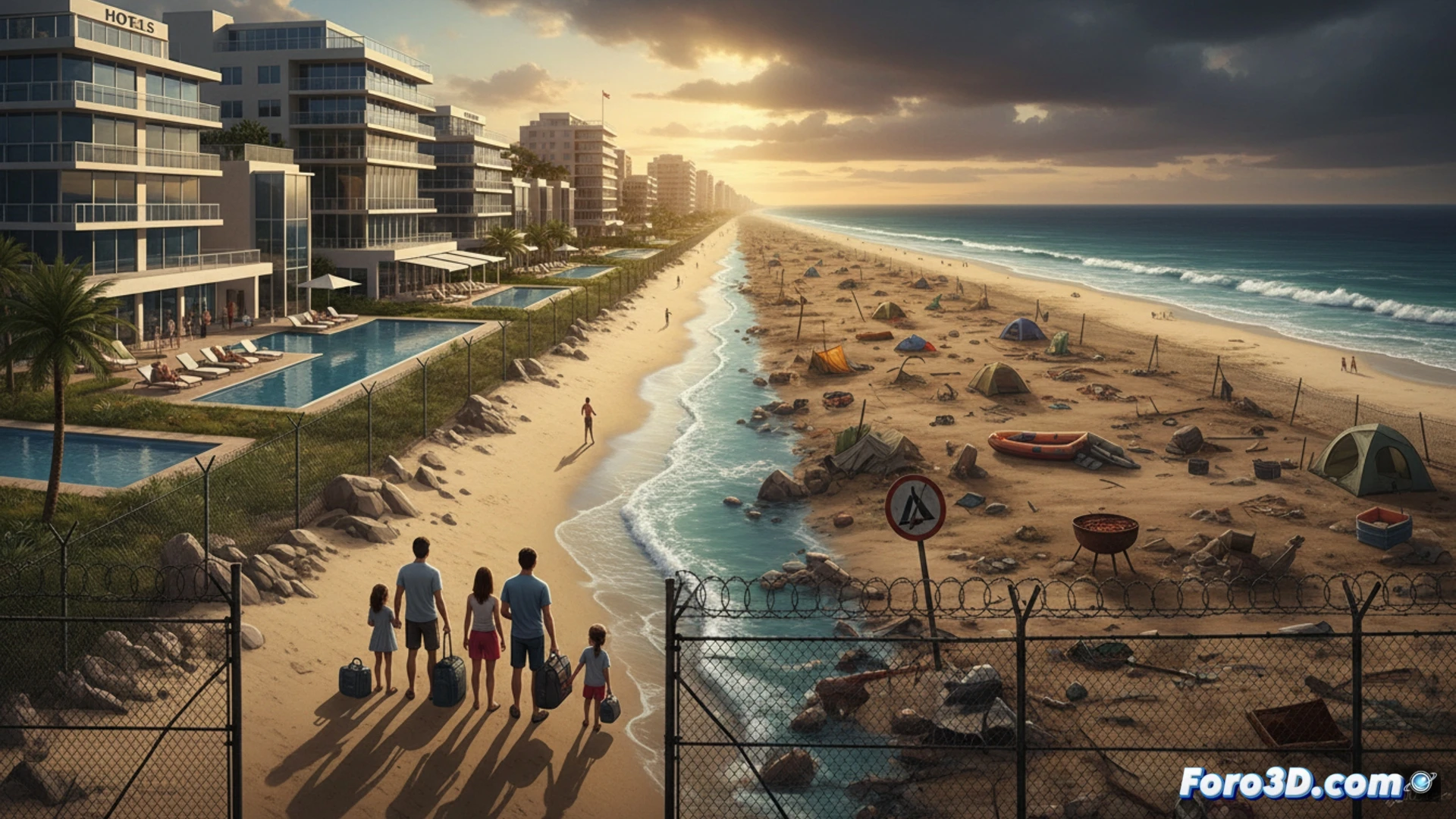 aerial view of a Mediterranean coastline showing a bulldozer demolishing a small wooden camping cabin, while in the distance luxury hotel construction cranes rise behind a fence with a no trespassing sign, contrasting humble family tents being removed by workers with shiny resort pools visible beyond, cinematic photorealistic rendering, golden sunset lighting casting long shadows, dust particles in the air, weathered camping gear scattered on the sand, sharp focus on the demolition action, blurred background of exclusive beach clubs, dramatic emotional atmosphere, ultra-detailed textures of wood splintering and metal barriers