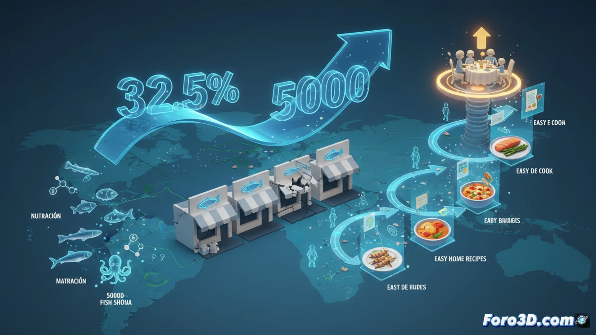 Infografía 3D consumo pescado España 2025, caída 32,5% en hogares, cierre pescaderías y educación alimentaria