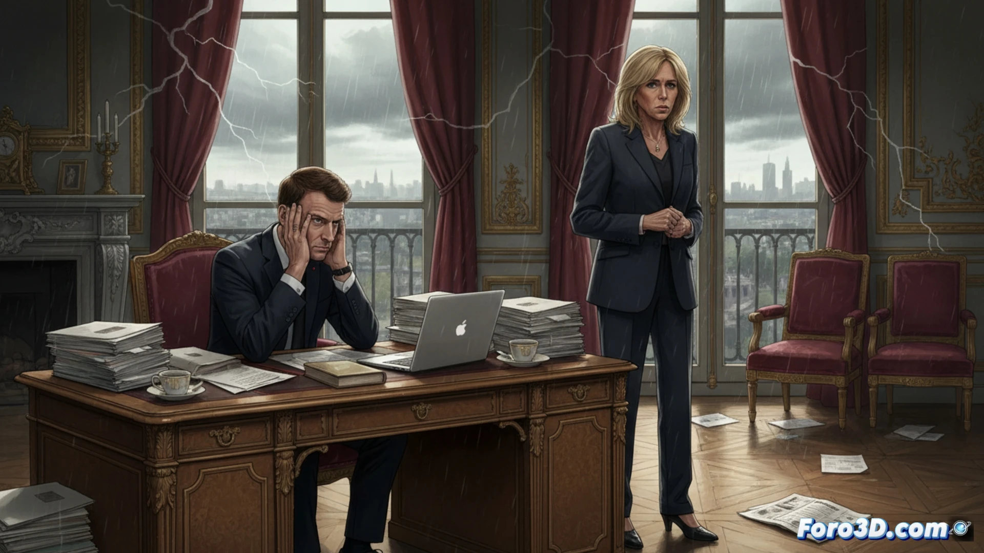 close-up of a fractured presidential desk in a dim Elysee office, a single rose wilting beside a cracked tablet showing a blurred calendar interface, Brigitte Macron’s hand hovering over a dropped pen while Emmanuel Macron’s silhouette stares at a security monitor displaying red warning alerts, cinematic photorealistic visualization, cold blue and amber lighting, dust particles suspended in the air, stress lines on polished wood, shallow depth of field emphasizing tension, ultra-detailed textures of fabric and glass