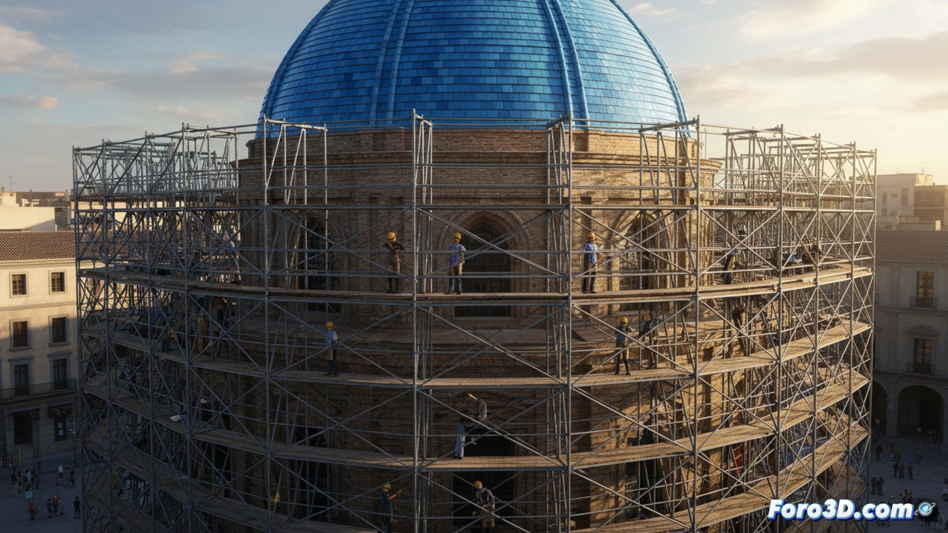 rehabilitation of a large blue-tiled church dome, second largest in Spain, with 16,000 ceramic tiles, complex scaffolding system suspended from external supports without touching the dome surface, workers in harnesses carefully replacing damaged azulejo tiles using traditional hand tools, modern laser scanning equipment on tripods measuring structural deformation, aerial work platforms positioned around the perimeter, blue and white geometric tile patterns being restored, dramatic sunlight casting shadows through the scaffolding, photorealistic architectural restoration scene, cinematic wide-angle view showing the full dome curvature, technical engineering visualization, precise craftsmanship in action