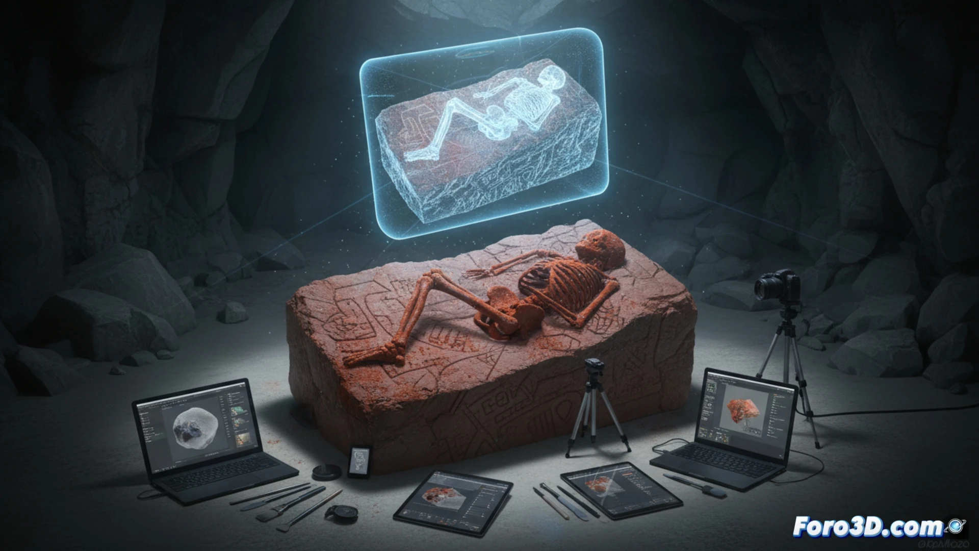 Reconstrucción digital 3D de la Dama Roja de El Mirón, enterramiento paleolítico con ocre rojo y grabados en Cantabria