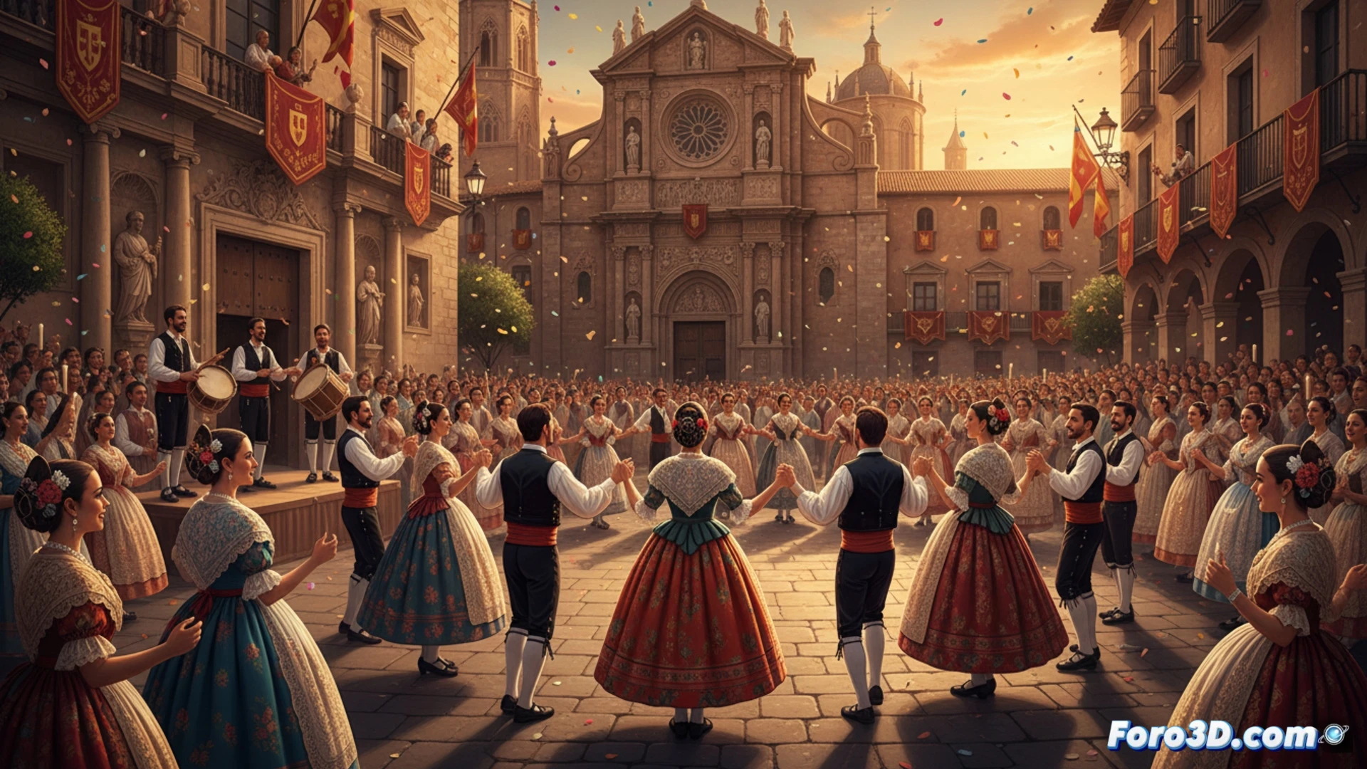 Descripción: Círculo de bailarines en la plaza al son de dolçaina y tabal, bajo el atardecer valenciano, con devoción y alegría colectiva.