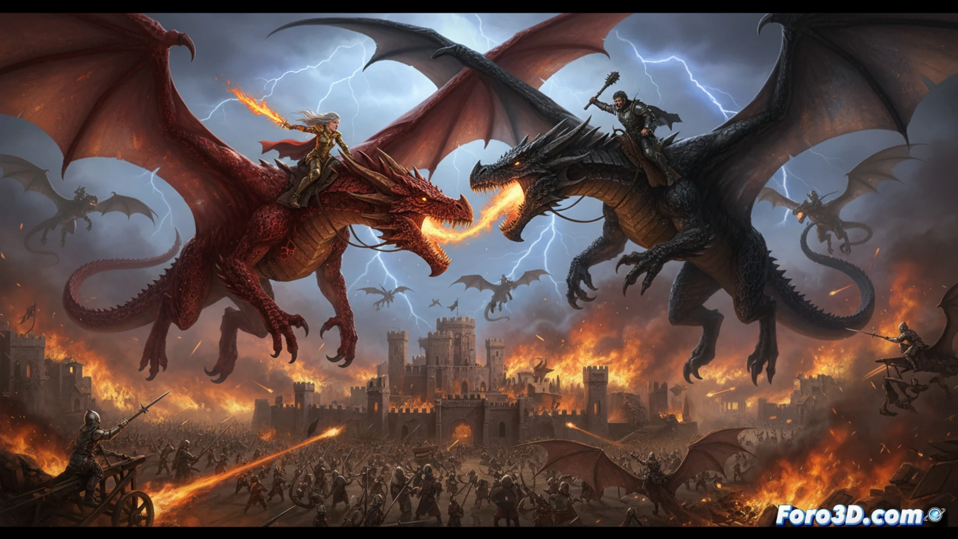 Dos dragones chocan en llamas bajo un cielo tormentoso, soldados caen en primer plano mientras una batalla campal se desata, adelantando el clímax.