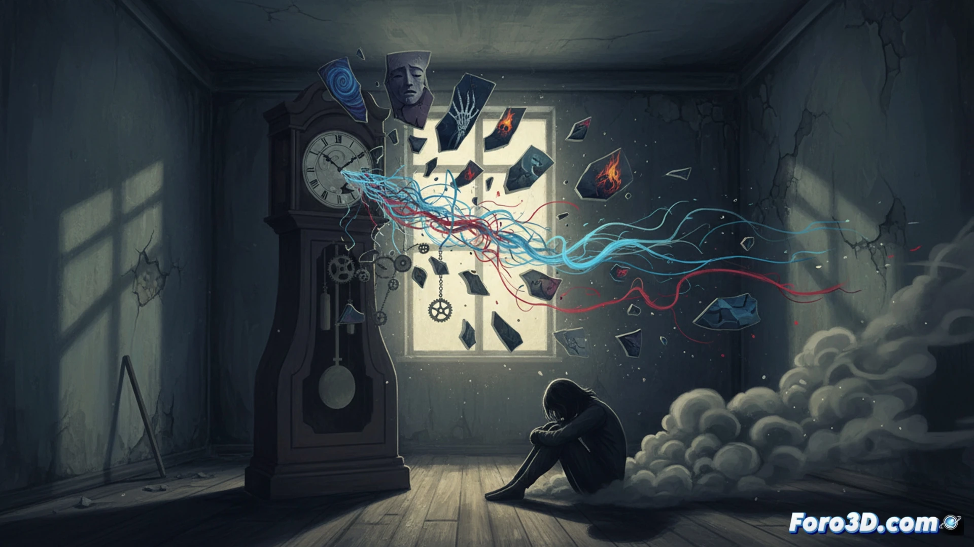human brain cross-section with glowing neural pathways, a shattered clock mechanism embedded in the amygdala region, fractured gear teeth scattering as time perception fragments, emotion-hijacked neural signals shown as jagged red lightning bolts disrupting smooth blue circadian rhythms, photorealistic medical illustration, cinematic lighting from below casting deep shadows, translucent synaptic connections dissolving mid-air, realistic anatomical texture with fibrous tissue, dramatic chiaroscuro contrast, technical visualization of neurological disconnection
