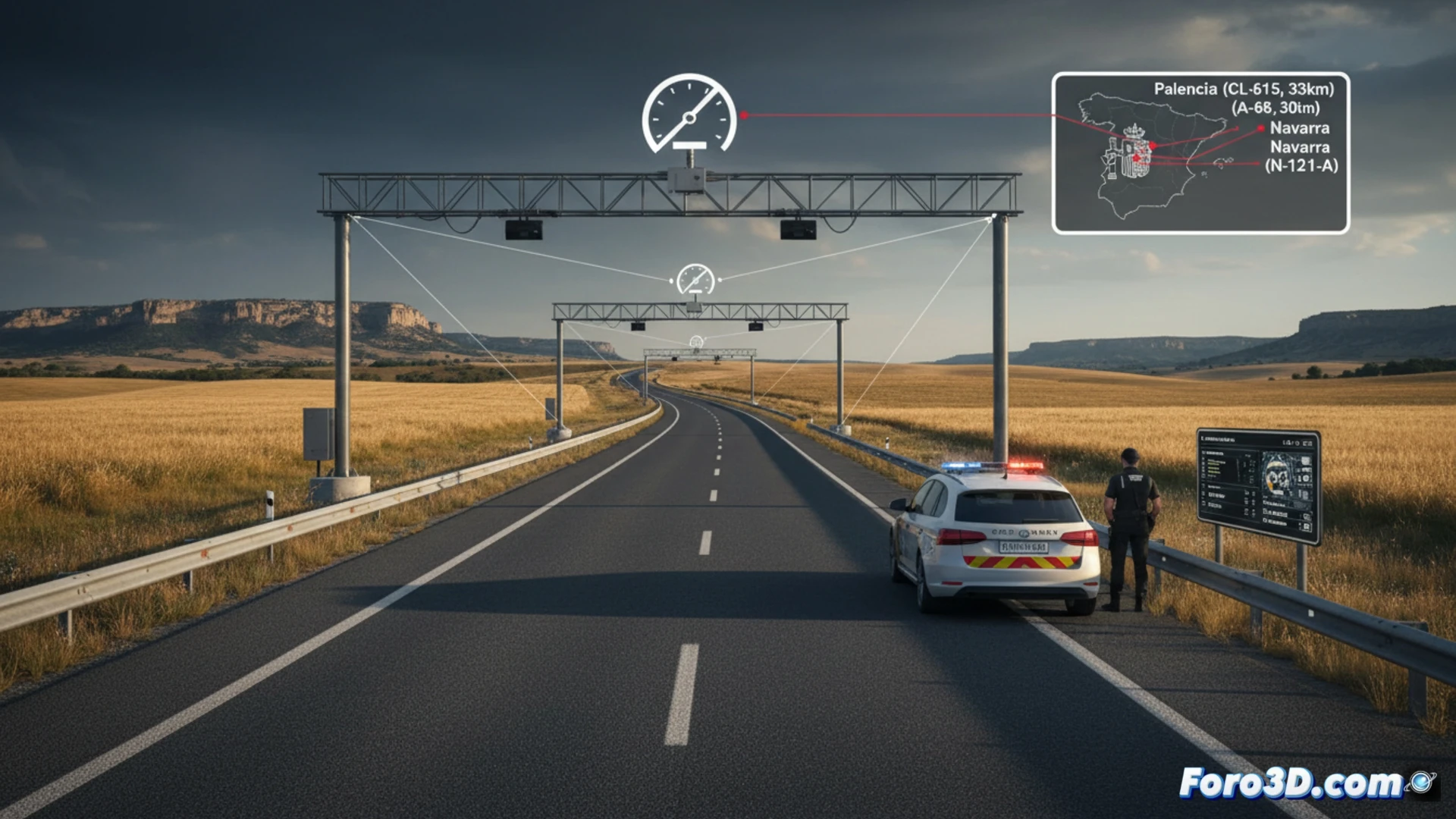 Descripción detallada de imagen: Carretera recta y vacía de la CL-615 en Palencia, con un radar de tramo digital al costado, dos vehículos circulando bajo un cielo nublado y señales de límite de velocidad. Al fondo, horizonte de campos verdes y un cartel que indica inicio de control de 33 km.