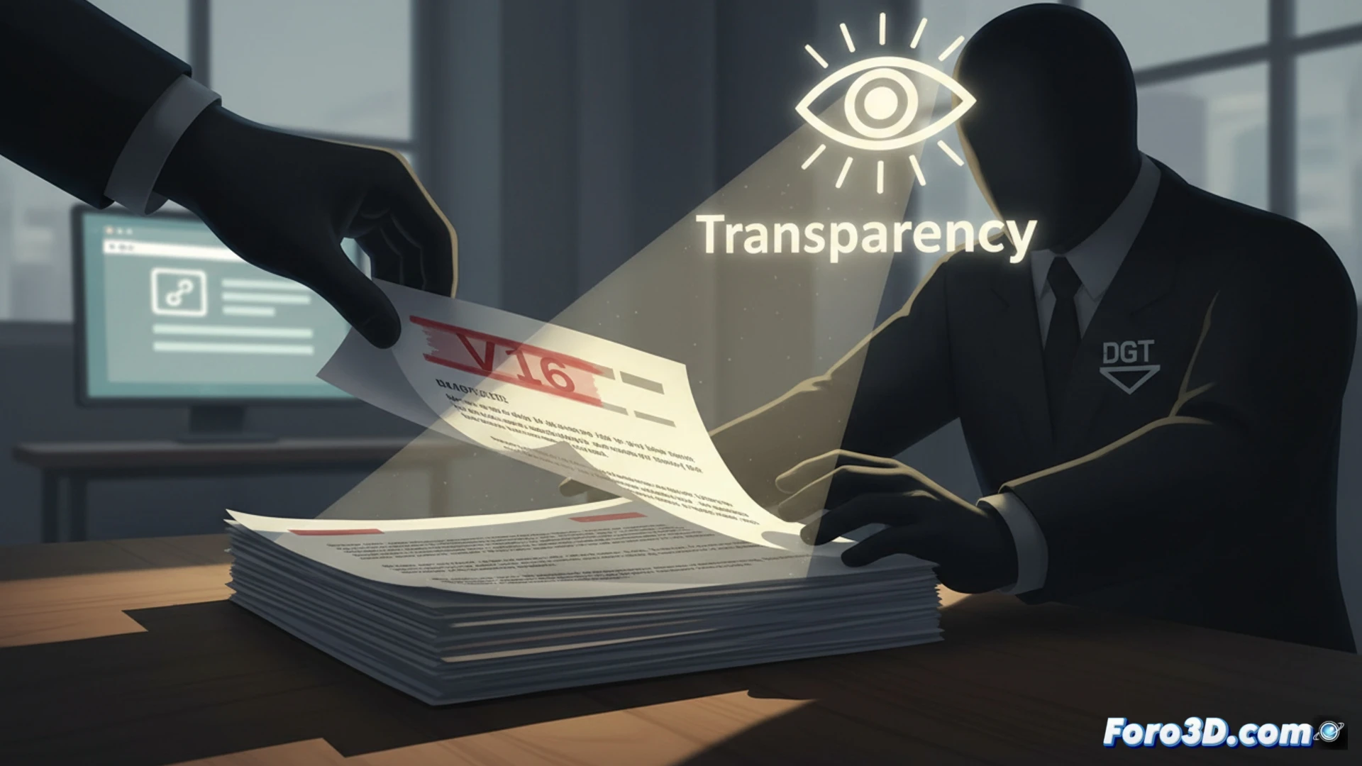 photorealistic technical illustration of a V16 emergency beacon device on a desk, documents stamped CLASSIFIED in red being stacked into a closed filing cabinet, a laptop screen showing a hidden folder with certificate files, a hand pulling a transparency seal off a stack of papers, dramatic office lighting, shadows across official DGT documents, blurred computer monitor with redacted text, metallic device reflecting light, bureaucratic tension, high-contrast cinematic style, engineering visualization