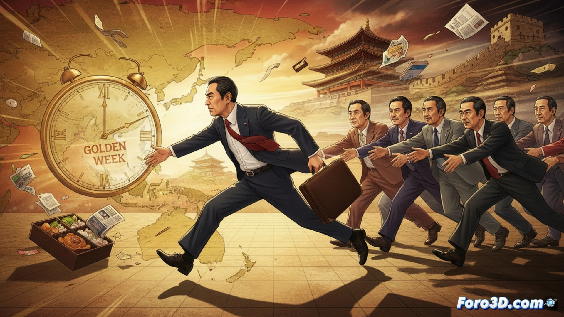 El primer ministro Takaichi, en un jet privado sobrevolando el mapa de Asia, con estrechos apretones de mano y relojes marcando la hora, reflejando la diplomacia exprés.