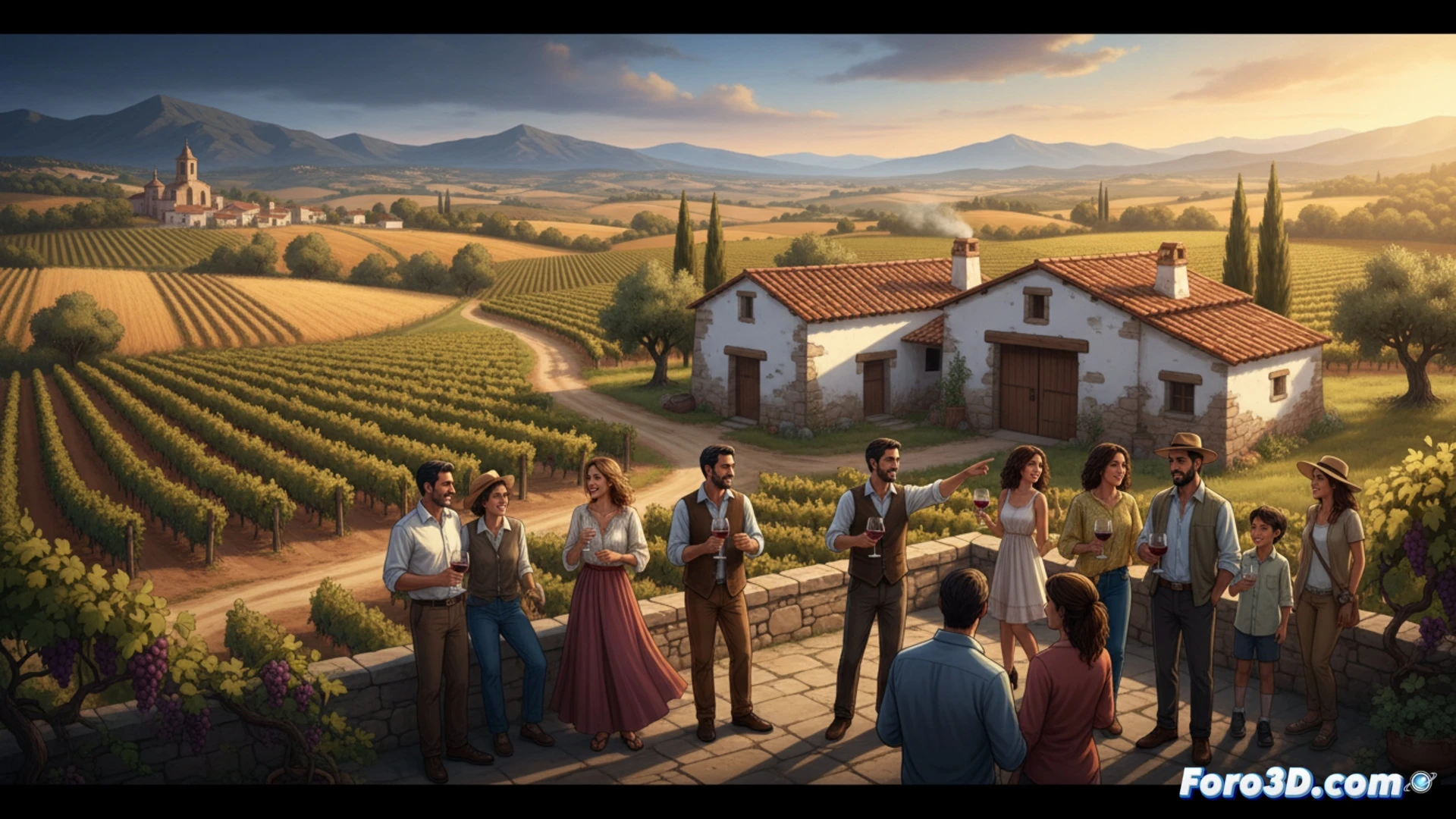 Vista aérea de un viñedo en Castilla-La Mancha al atardecer, con turistas degustando vino entre hileras de vides y un pueblo rural al fondo.