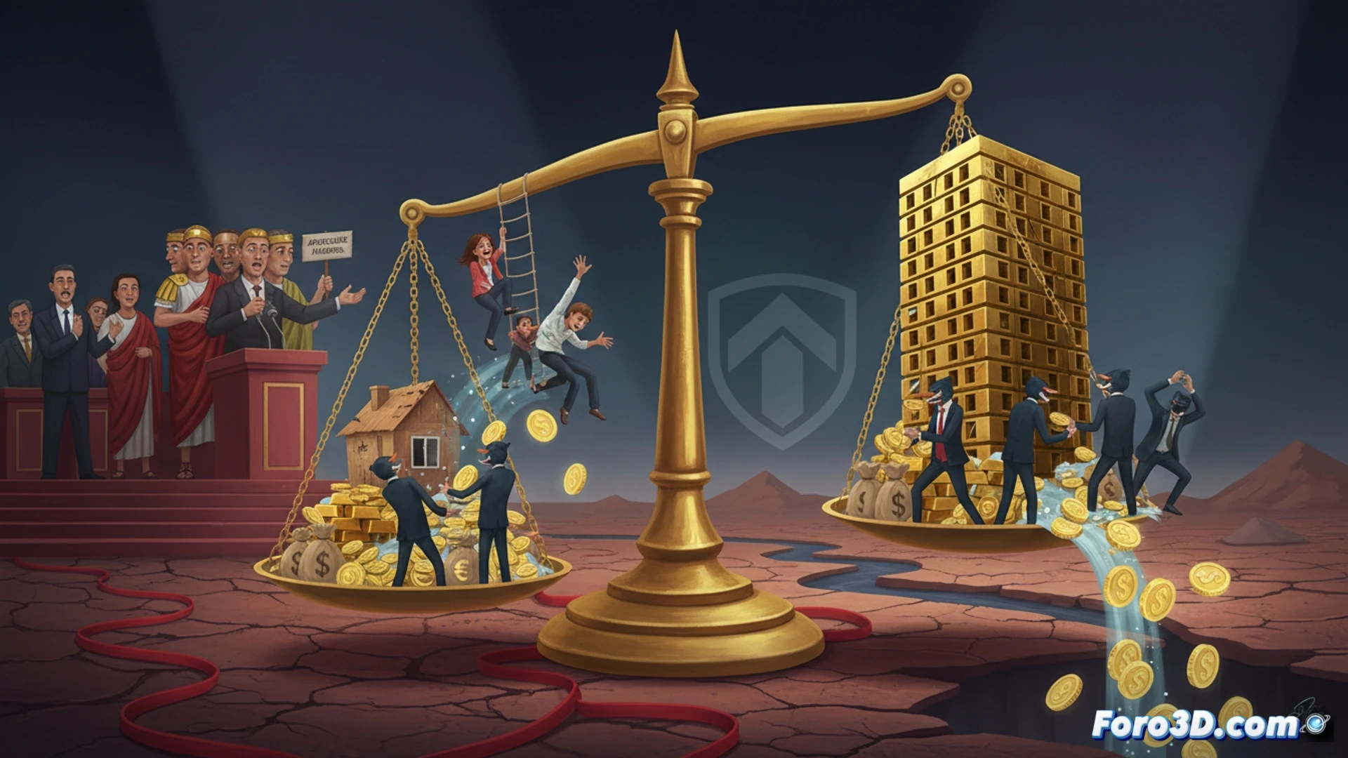 photorealistic cinematic scene of a large corporate hand crushing a fragile miniature house under a glass dome, while a sweating individual in worn clothes struggles to reach the house through a maze of red tape and legal documents, stock market tickers reflected in the glass showing housing prices rising, dark boardroom table with stacked money and legal seals in foreground, dramatic sidelight casting long shadows, ultra-detailed textures on paper and wood, oppressive atmosphere, technical illustration style with architectural blueprint grid faintly visible on the background wall
