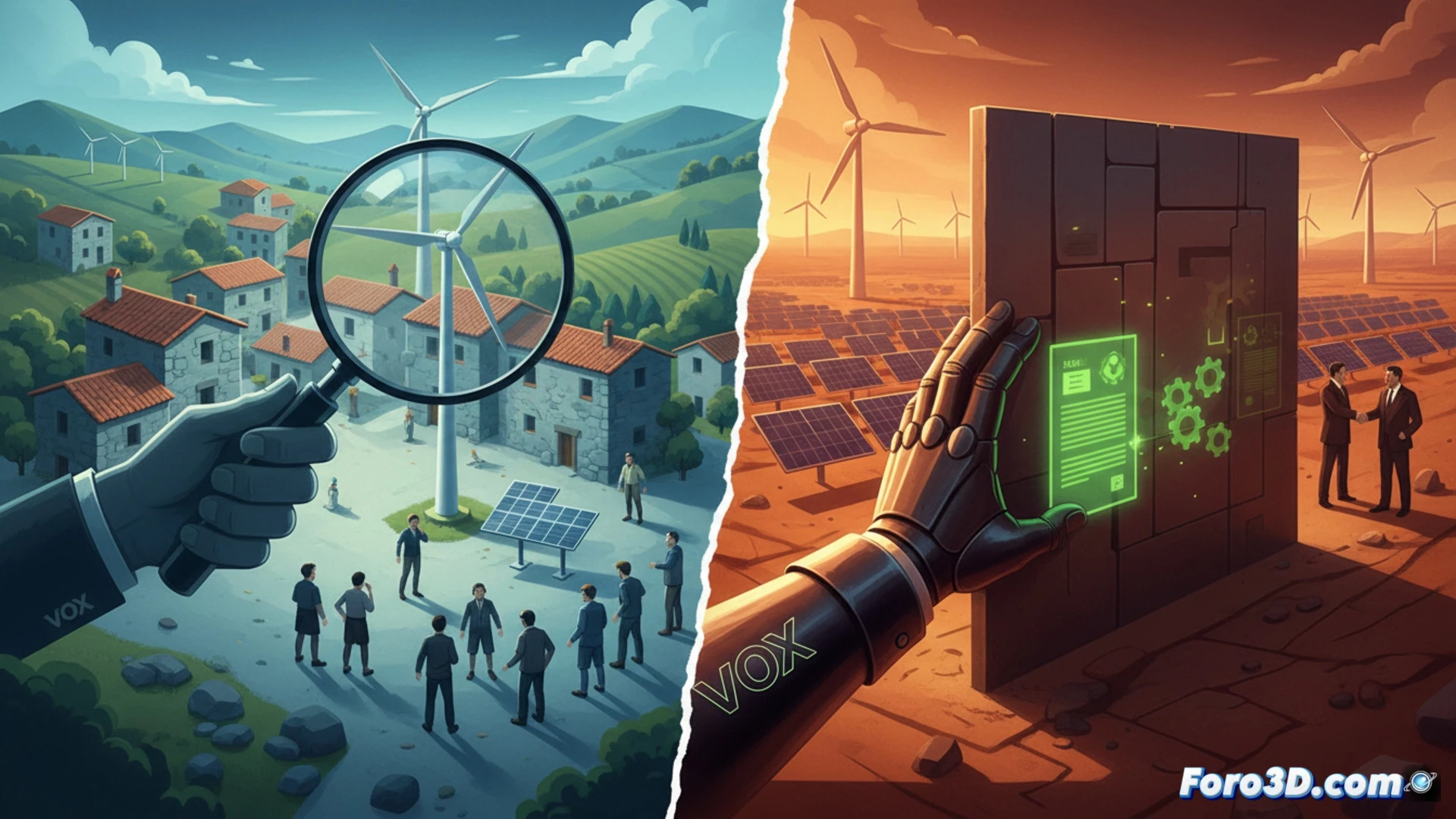 solar panel field split in half by a cracked glass barrier, left side showing small wind turbines and community solar arrays under a bright sun, right side showing massive corporate solar farm with bulldozers and chain-link fences, a politician figure in suit holding a magnifying glass inspecting the small side while turning back on the large side, technical illustration style, photorealistic engineering visualization, dramatic contrast lighting, industrial haze, detailed photovoltaic cell textures, metallic reflection on machinery, action of inspection and neglect shown simultaneously
