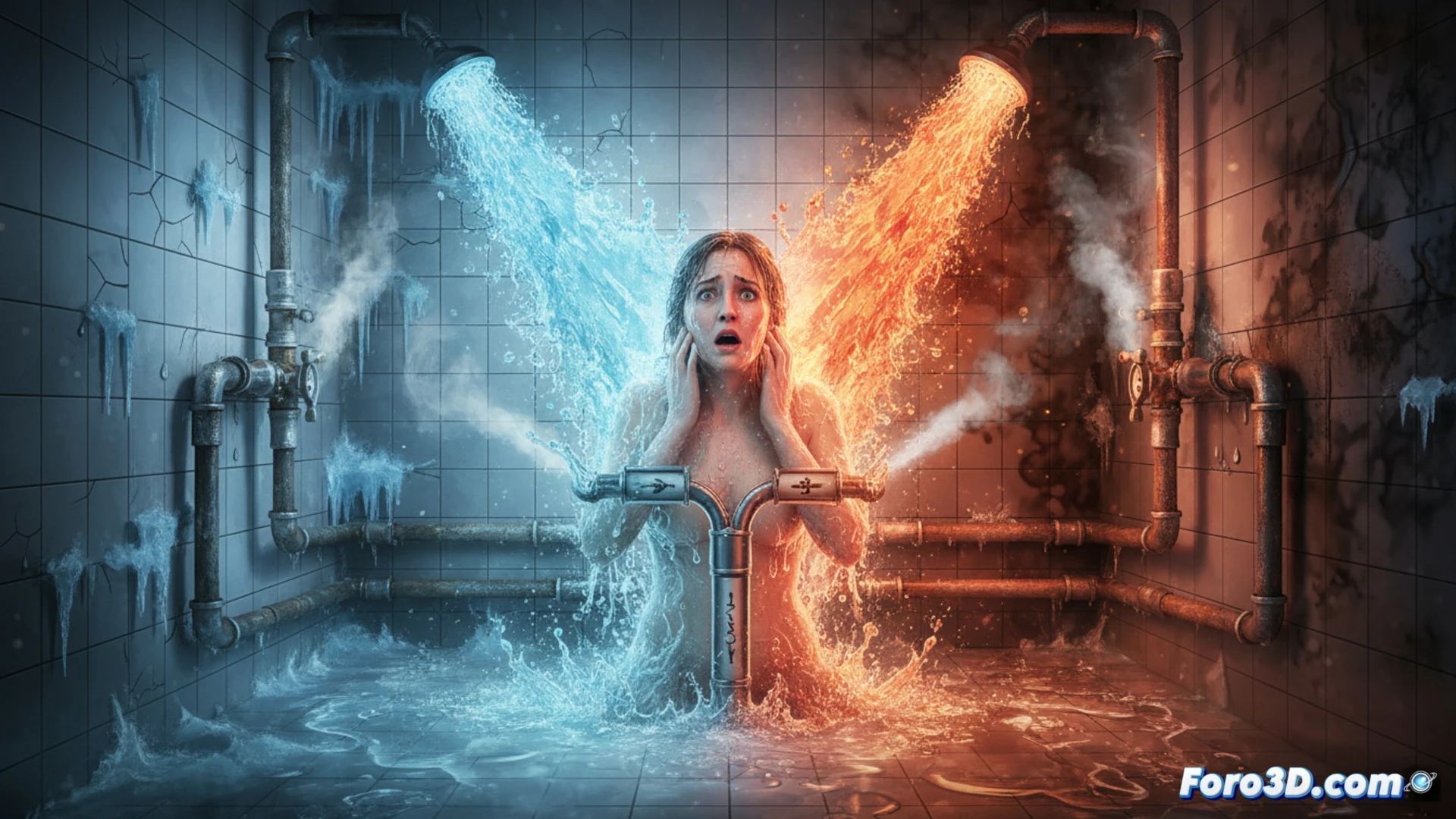 Photorealistic interior bathroom scene, person reaching for shower handle, water spraying from showerhead in two extreme jets, left side icy blue water droplets with frost effect, right side scalding red water with steam clouds, no warm water mixing, shower handle dial split between blue and red zones with broken temperature indicator, thermostat display showing erratic numbers, copper pipes visible with condensation on one side and heat waves on the other, dramatic contrast lighting, cold blue light from left, hot orange light from right, water impact on tiled floor creating splashes and steam, technical illustration style, ultra-detailed plumbing components, chaotic water flow patterns, cinematic composition