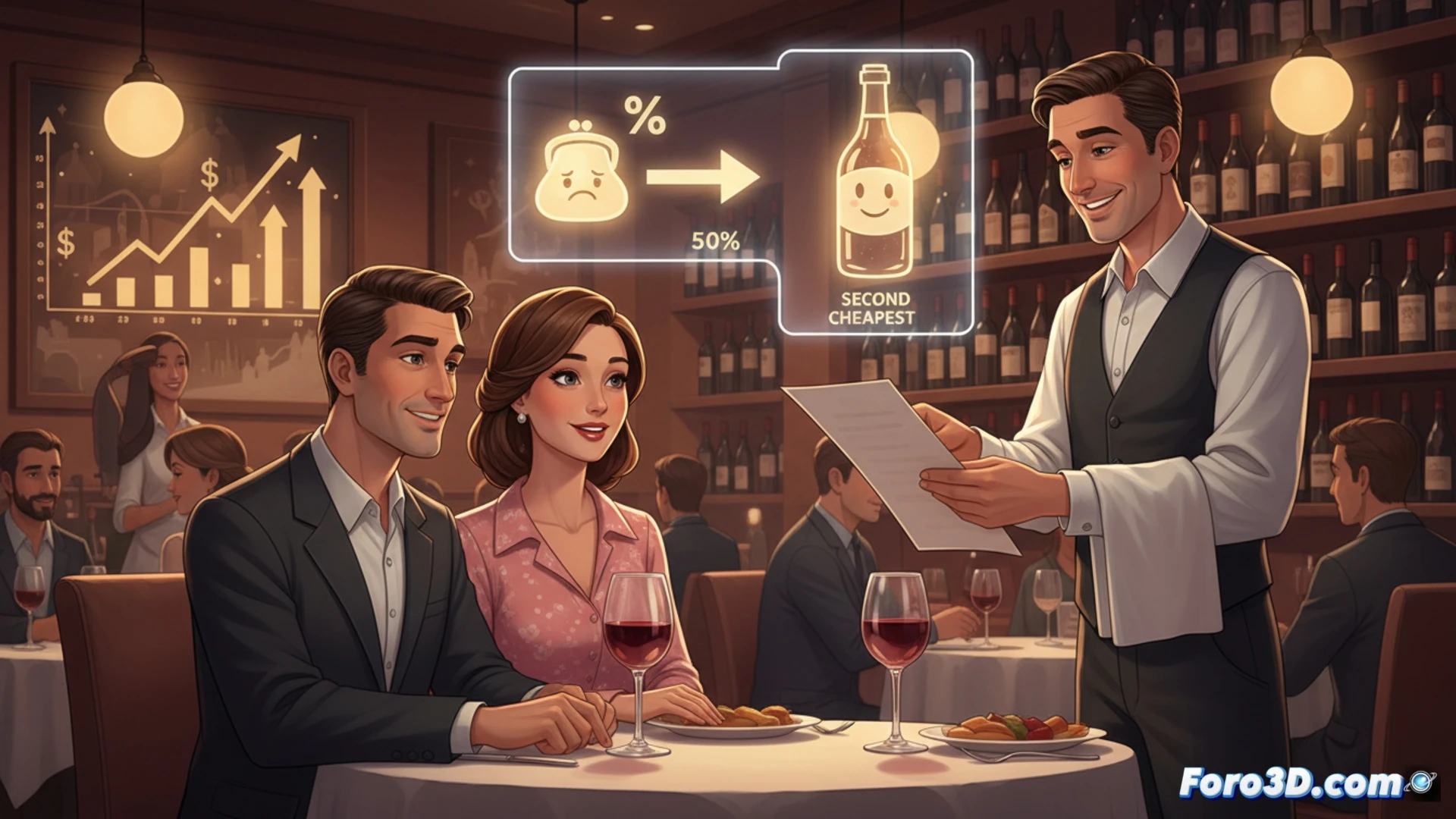 gráfico de barras comparando precios de botellas de vino en restaurante, destacando la segunda más barata